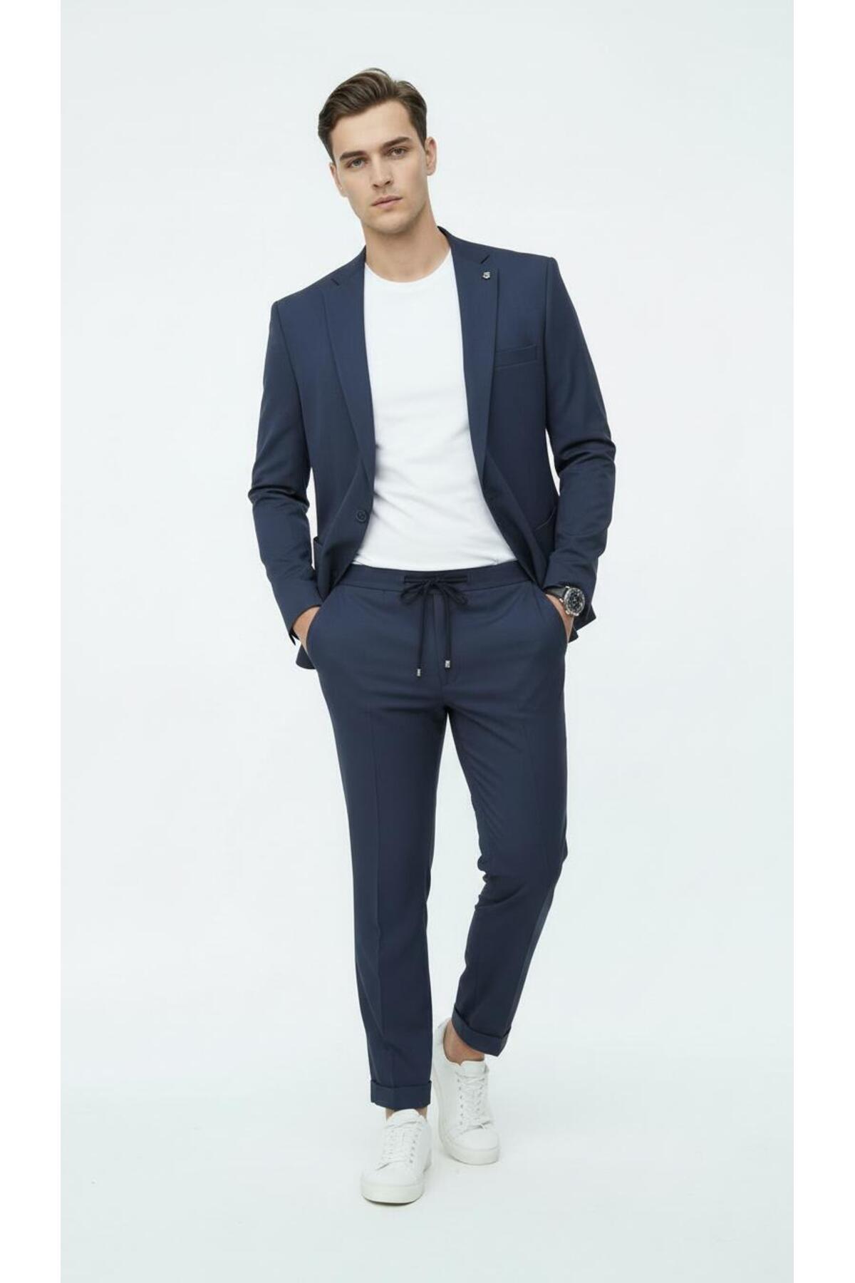 Erkek Tek Düğme Takım Elbise Jogger Pantolon Lastikli Bağcıklı Duble Paça Çift Yırtmaçlı — سرمه‌ای TK6885 — تصویر 5 از 6