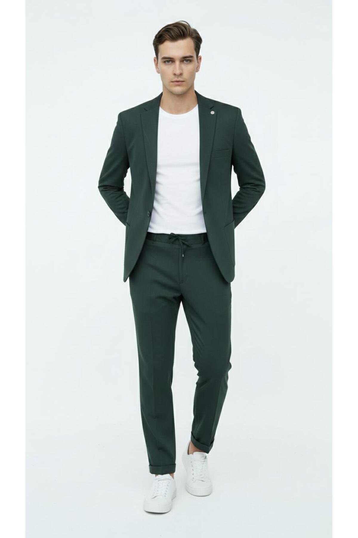 Plus Scorpion Erkek Tek Düğme Takım Elbise Jogger Pantolon Lastikli Bağcıklı Duble Paça Çift Yırtmaçlı görsel 5