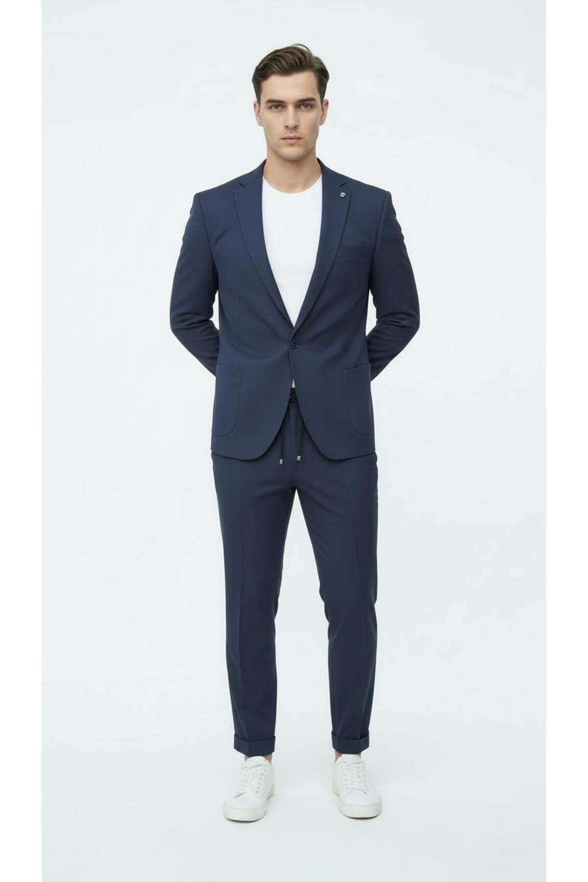 Erkek Tek Düğme Takım Elbise Jogger Pantolon Lastikli Bağcıklı Duble Paça Çift Yırtmaçlı — سرمه‌ای TK6885 — تصویر 2 از 6