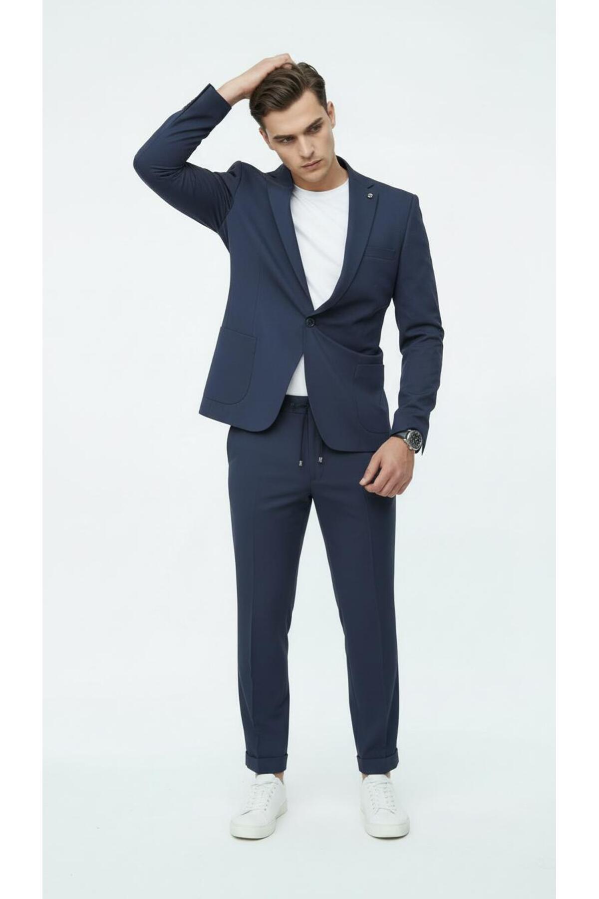Erkek Tek Düğme Takım Elbise Jogger Pantolon Lastikli Bağcıklı Duble Paça Çift Yırtmaçlı — سرمه‌ای TK6885 — تصویر 4 از 6