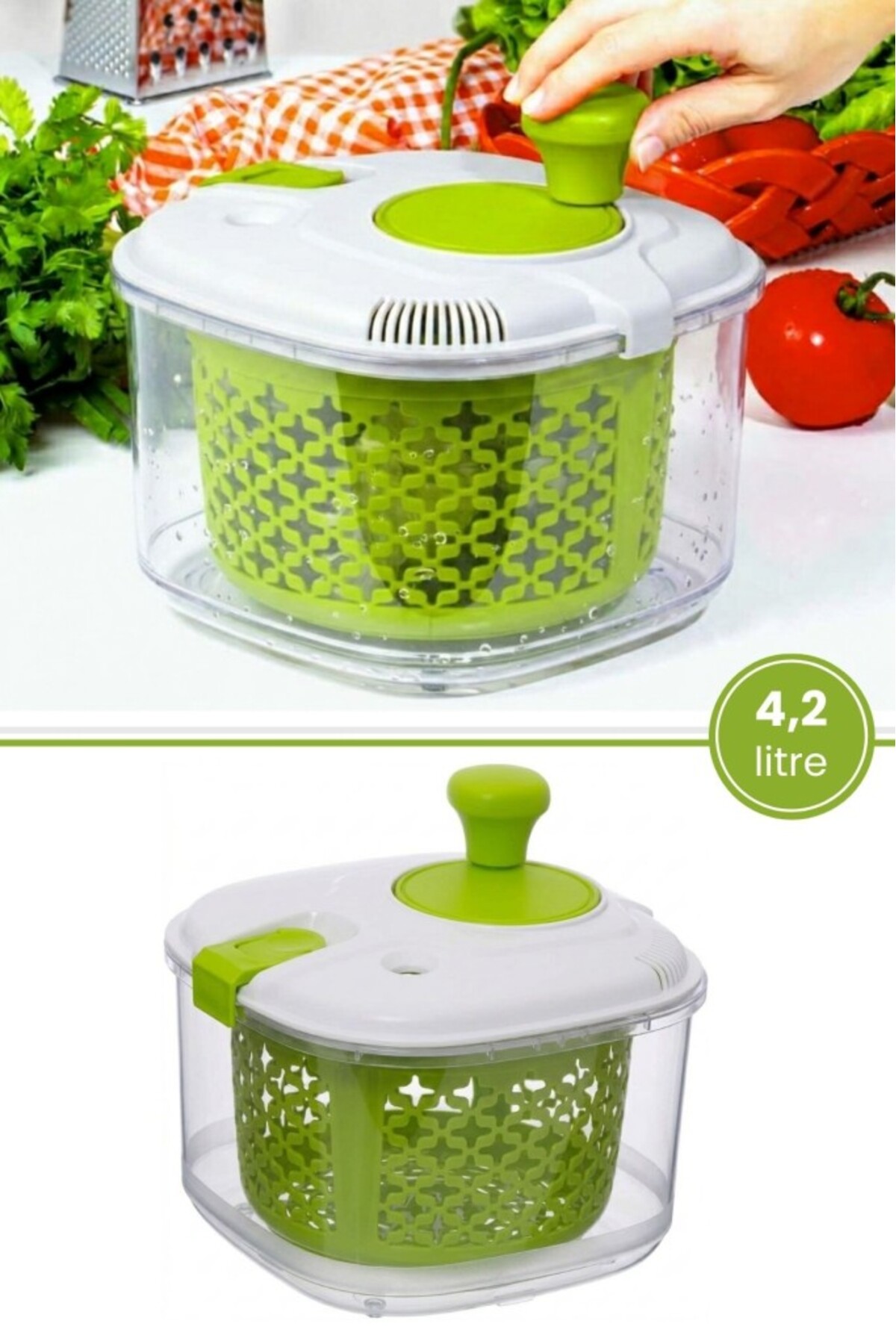 Flora Süzgeçli Manuel Salata Kurutucu 4,2 Litre, Sebze Meyve Marul