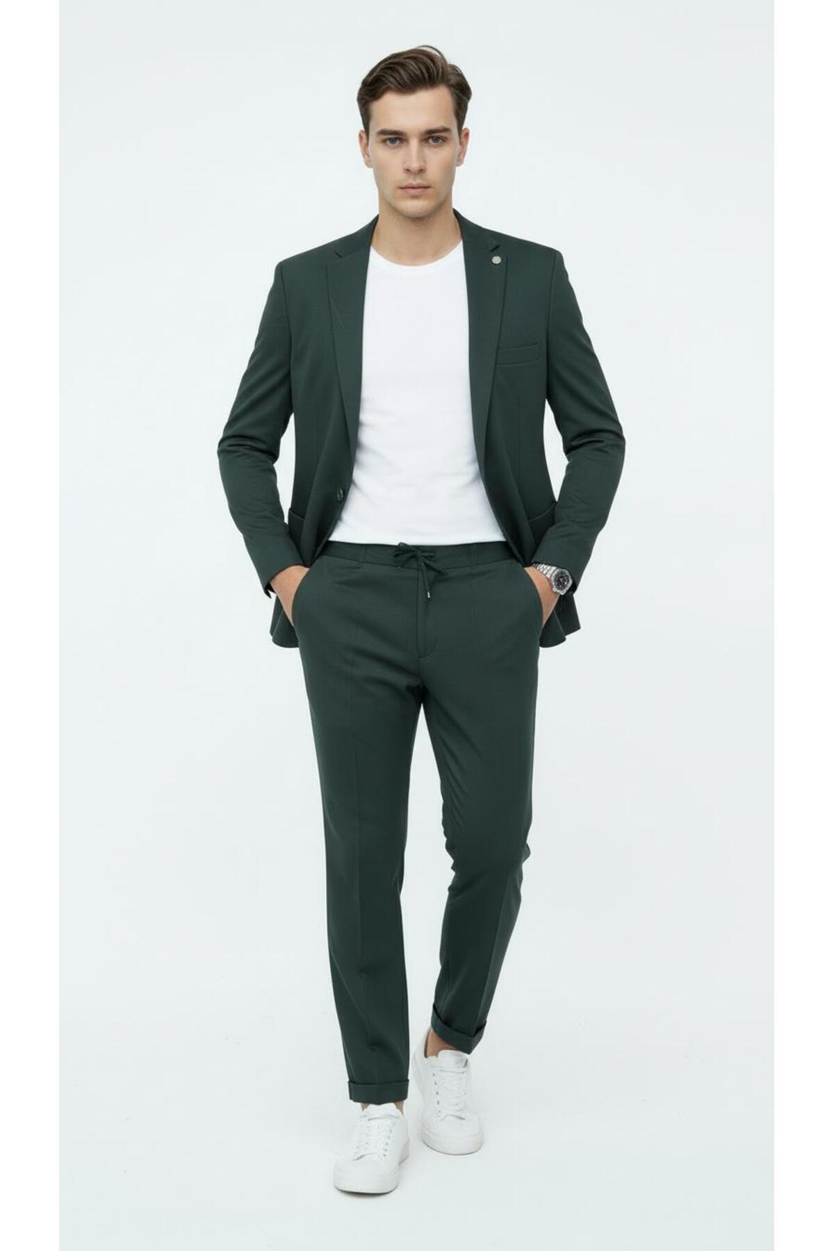 Plus Scorpion Erkek Tek Düğme Takım Elbise Jogger Pantolon Lastikli Bağcıklı Duble Paça Çift Yırtmaçlı görsel 2
