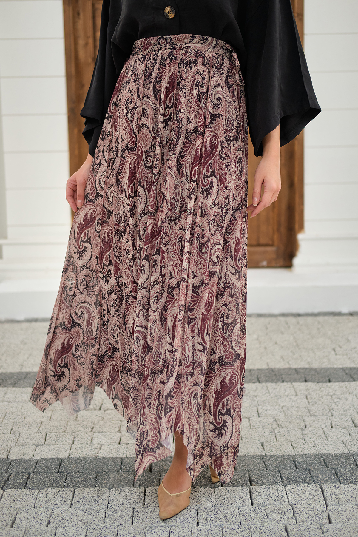 LOCCO  Kadın Asimetrik Kesim Etnik Desenli Şifon Etek Mürdüm - Görsel 2