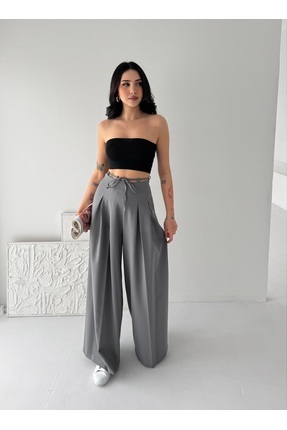02Lady Fashion Geniş Paça Fermuarlı Yüksek Bel Bağcıklı Pileli Palazzo Pantolon