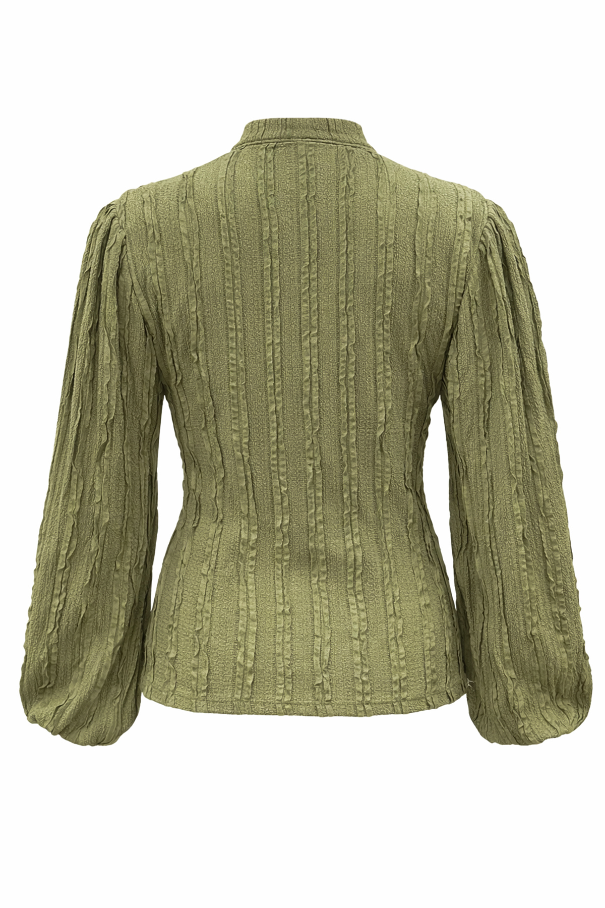 Trend Alaçatı Stili  Haki Hakim Yaka Önü Düğmeli Balon Kol Fırfır Kumaş Gömlek Bluz ALC-X15405 - Görsel 5