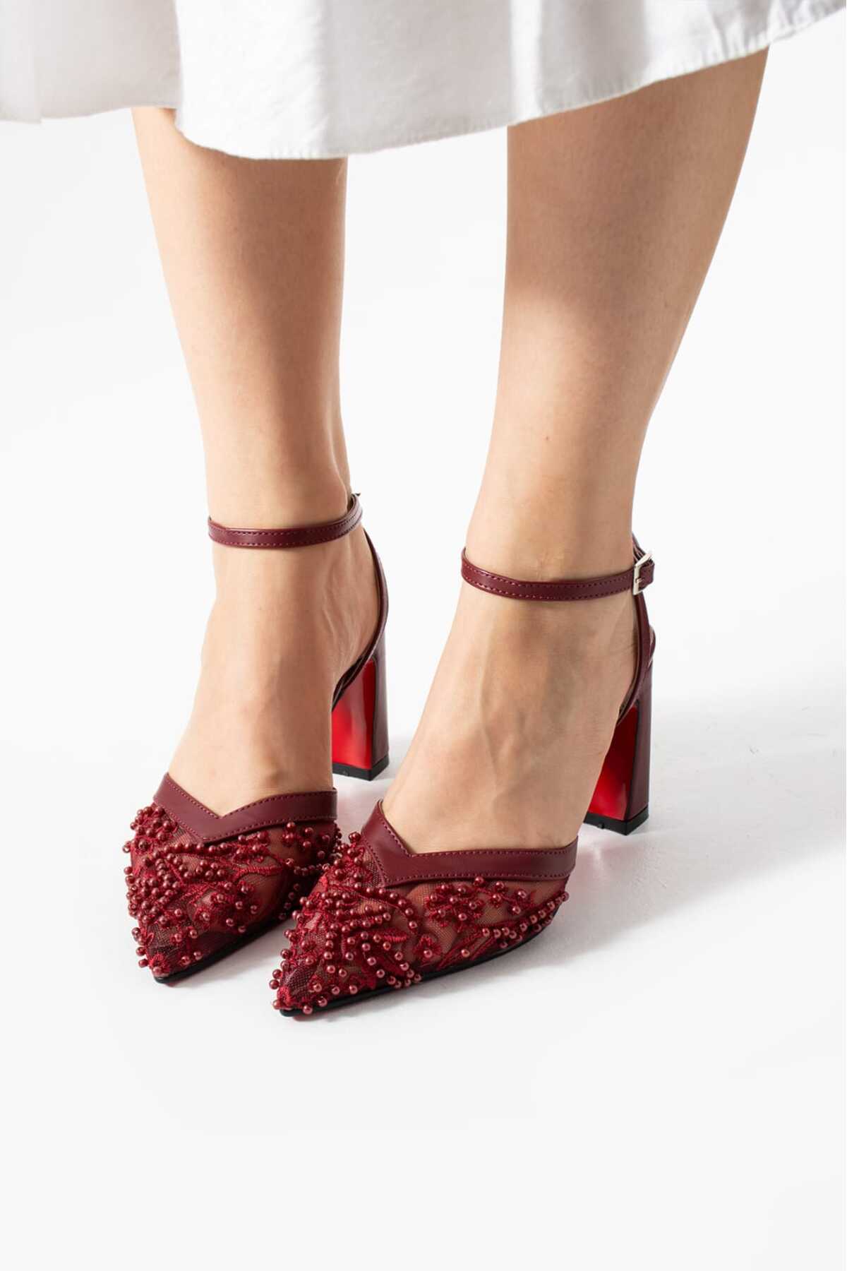 Shoes Yeni Sezon Stiletto Boncuklu bordo cilt Topuk 9CM görsel 2