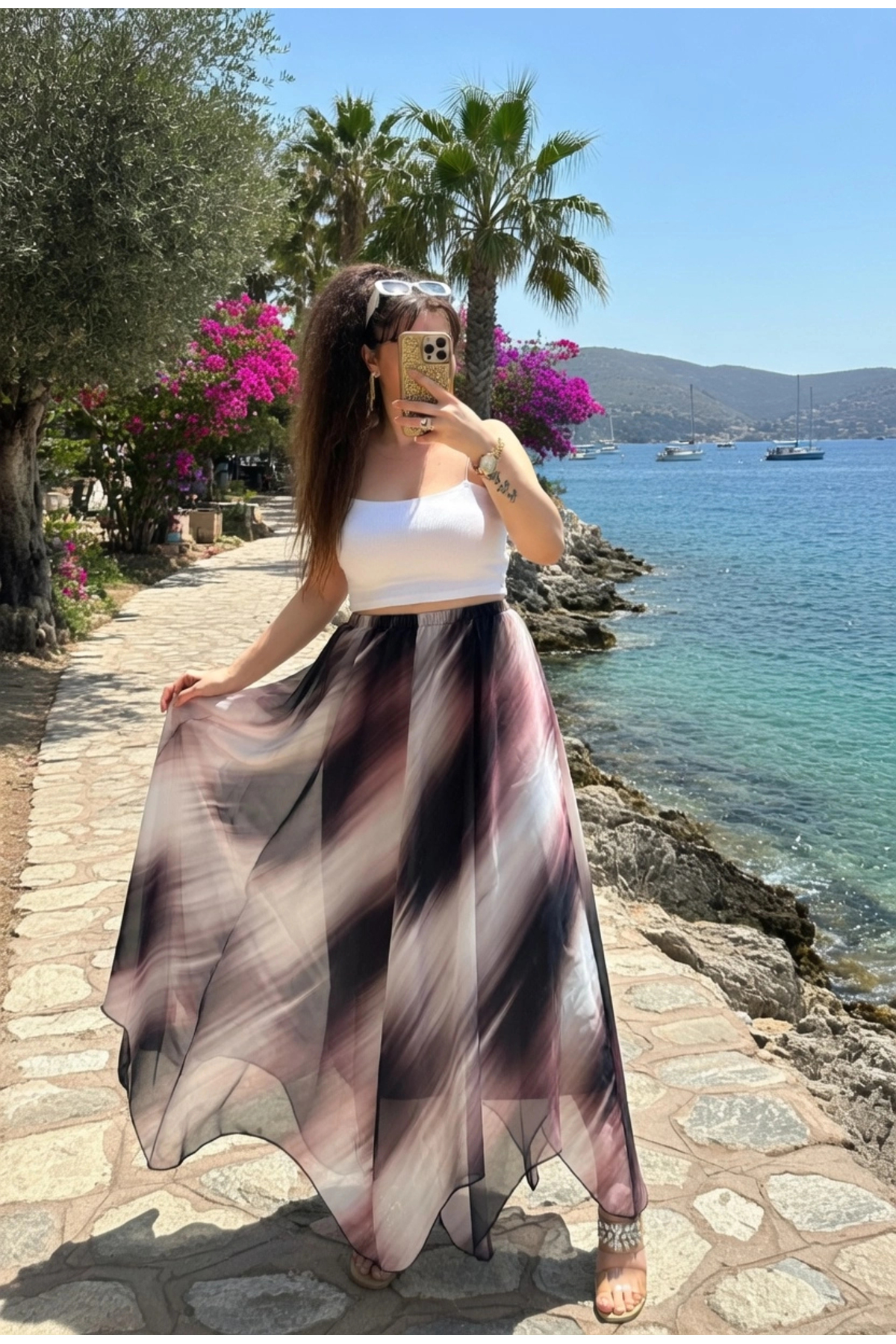 AZRA BUTİK Eteği Çapraz Beyaz Desen Şifon Etek