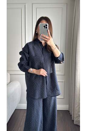 Büşce TAŞLI TENCEL KUMAŞ GÖMLEK LACİVERT