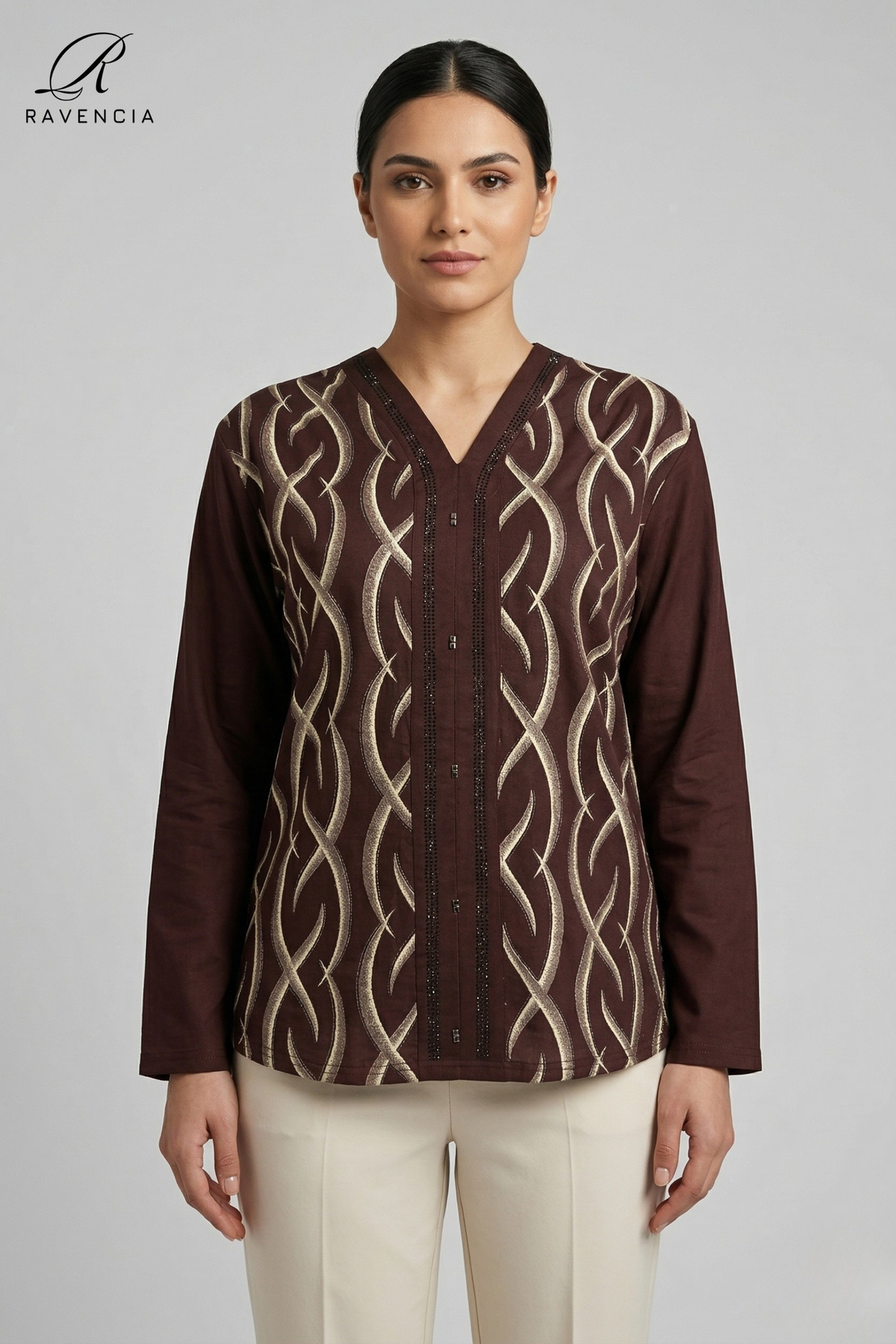 Women's V-Neck Line Pattern Printed Glitter Gemstone Lycra Mother Combed Cotton Blouse