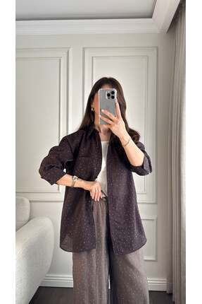 Büşce TAŞLI TENCEL KUMAŞ GÖMLEK KAHVERENGİ