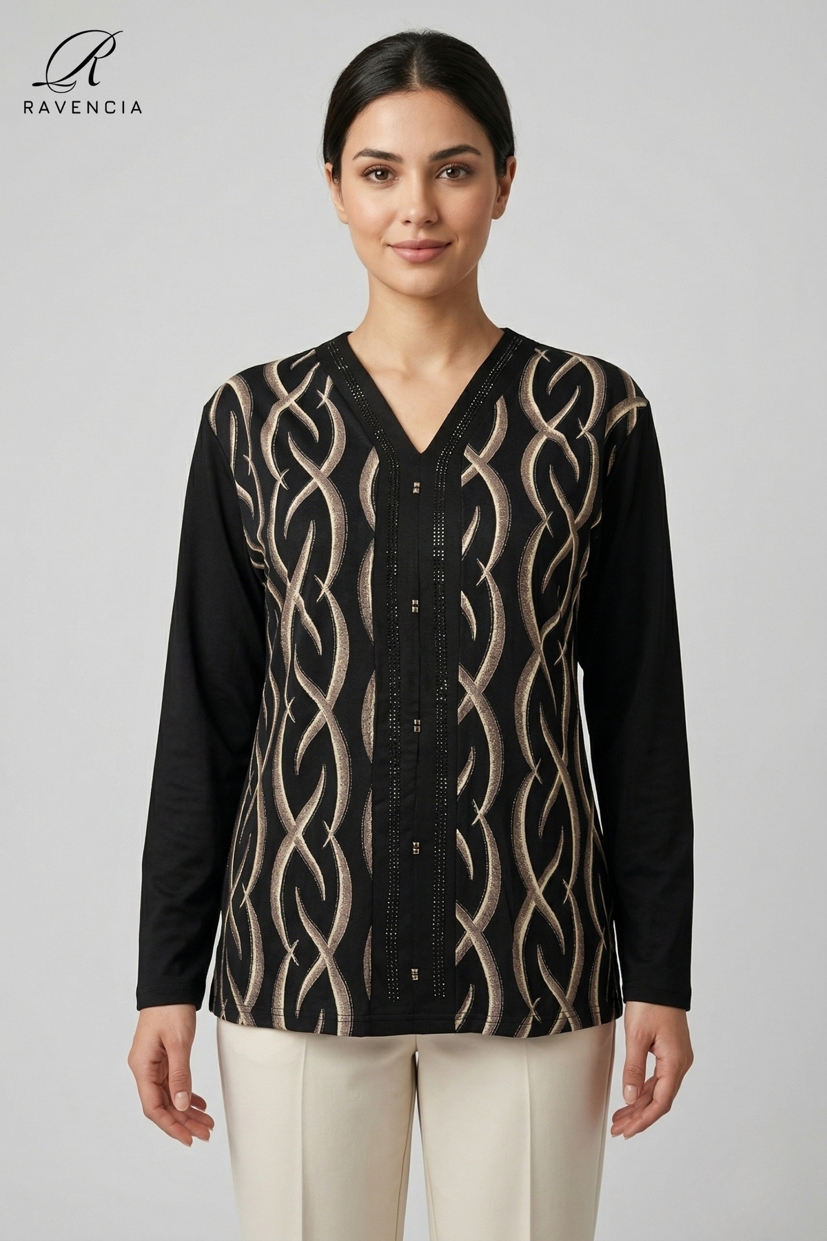 Women's V-Neck Line Pattern Printed Glitter Gemstone Lycra Mother Combed Cotton Blouse