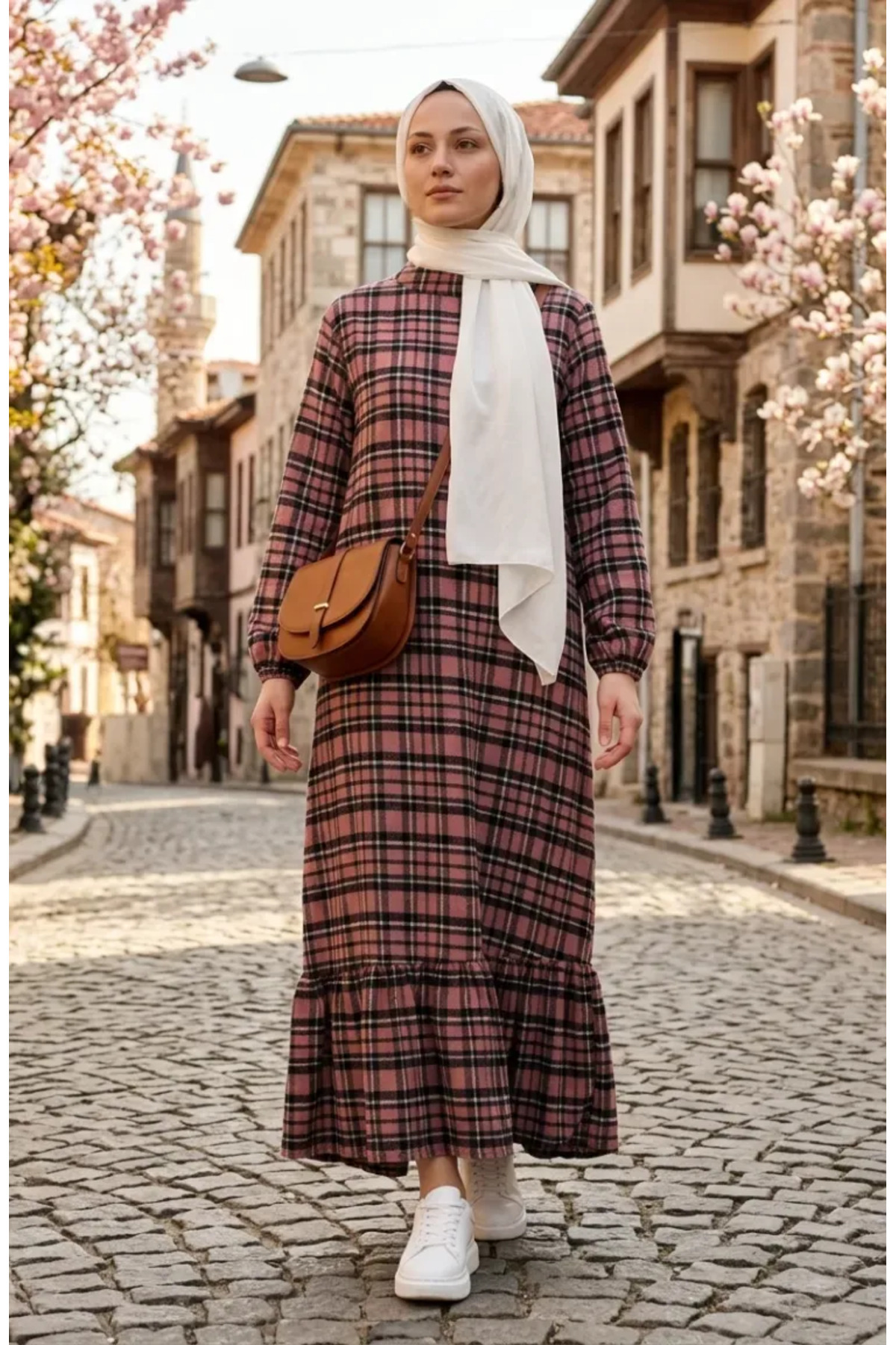 sefamerve Checkered Lumberjack Dress with Elastic Sleeves 2248-01 Dusty Rose