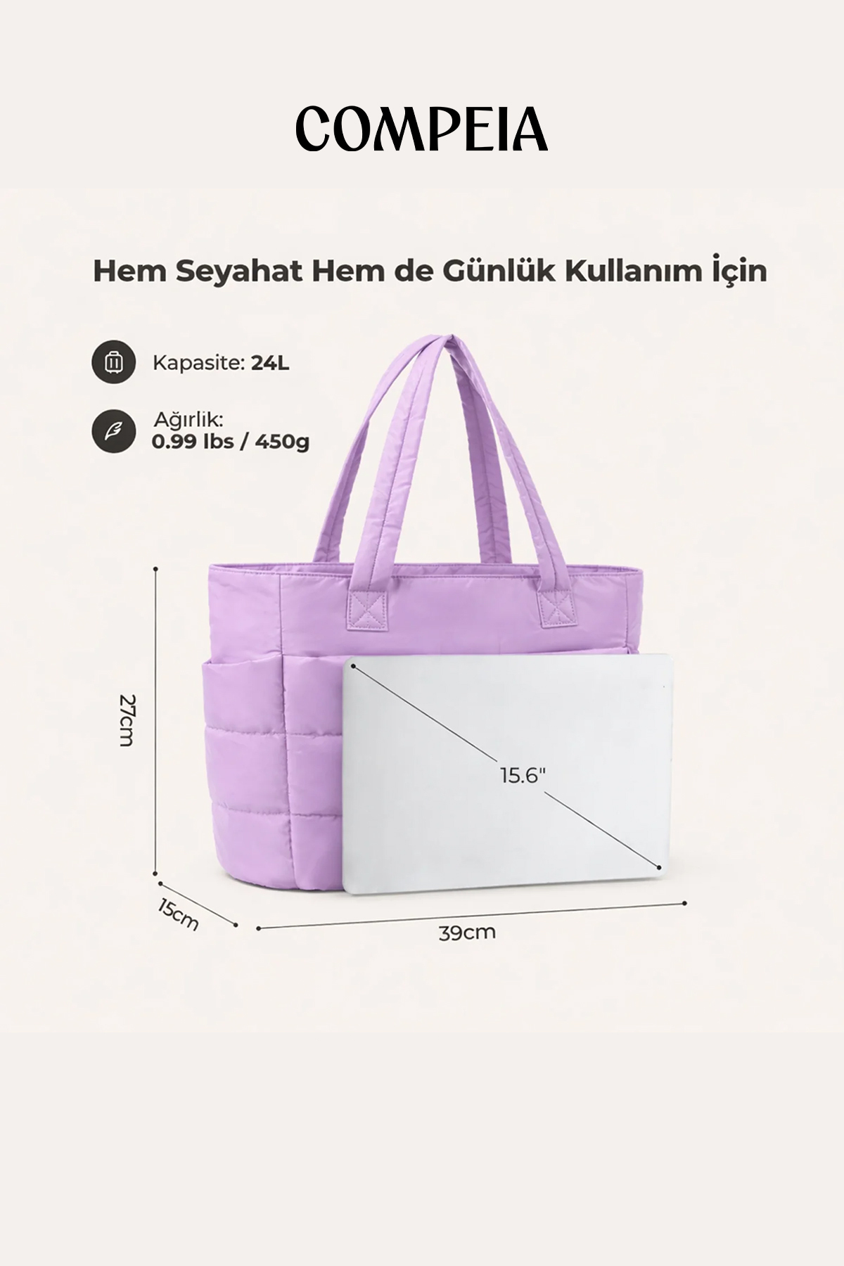 Compeia Kadın Lavanta Puffy Tote Bag Kabarık Kapitone Omuz Çantası Çok Bölmeli Günlük Seyahat ve El Çantası görsel 4