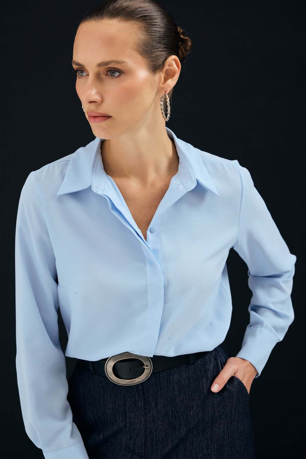 Sateen  Klasik Düz Gömlek - Mavi - Görsel 4