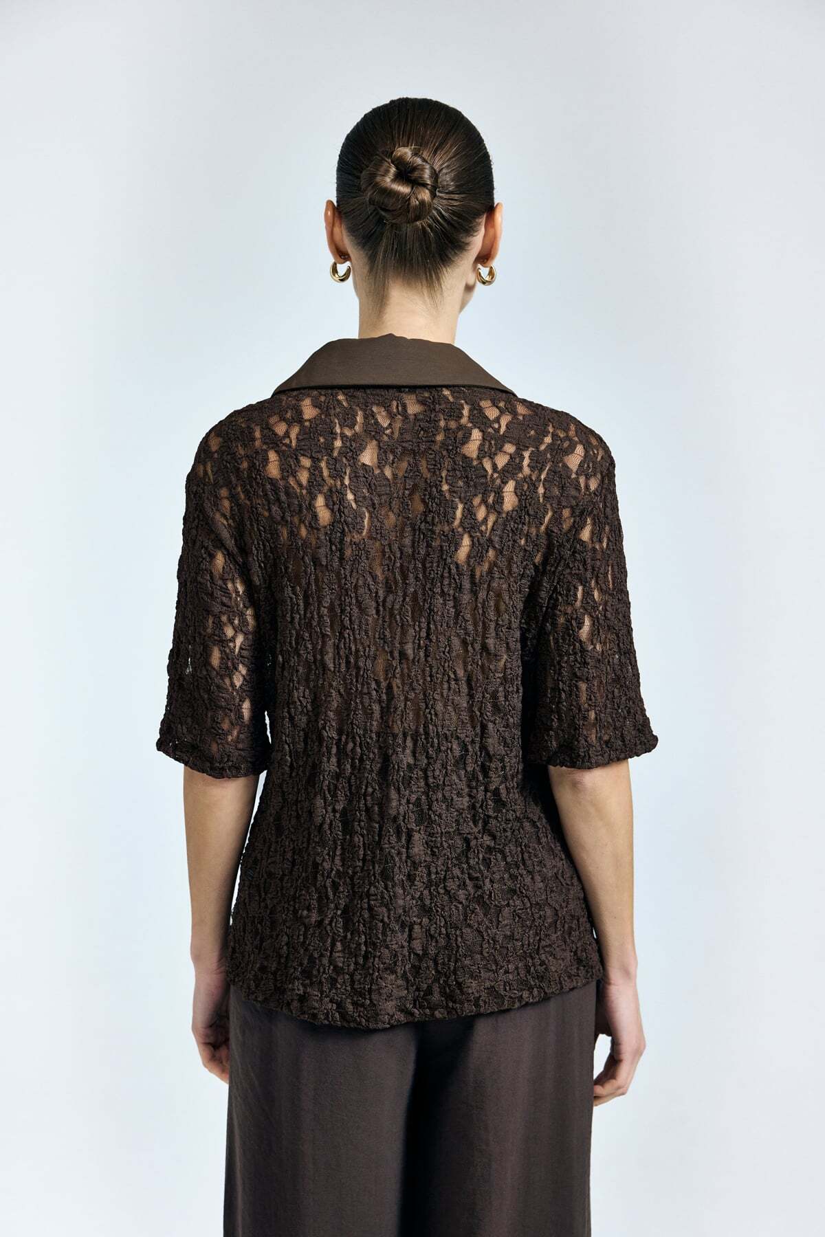 Sateen  Dantel Bluz - Kahve - Görsel 8