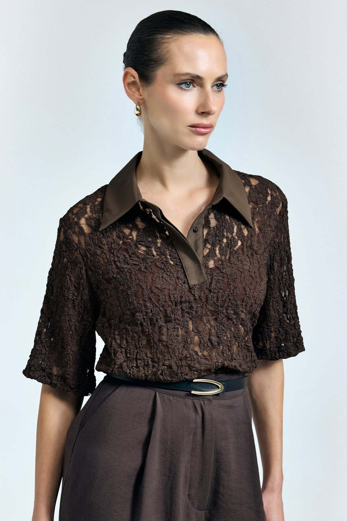 Sateen  Dantel Bluz - Kahve