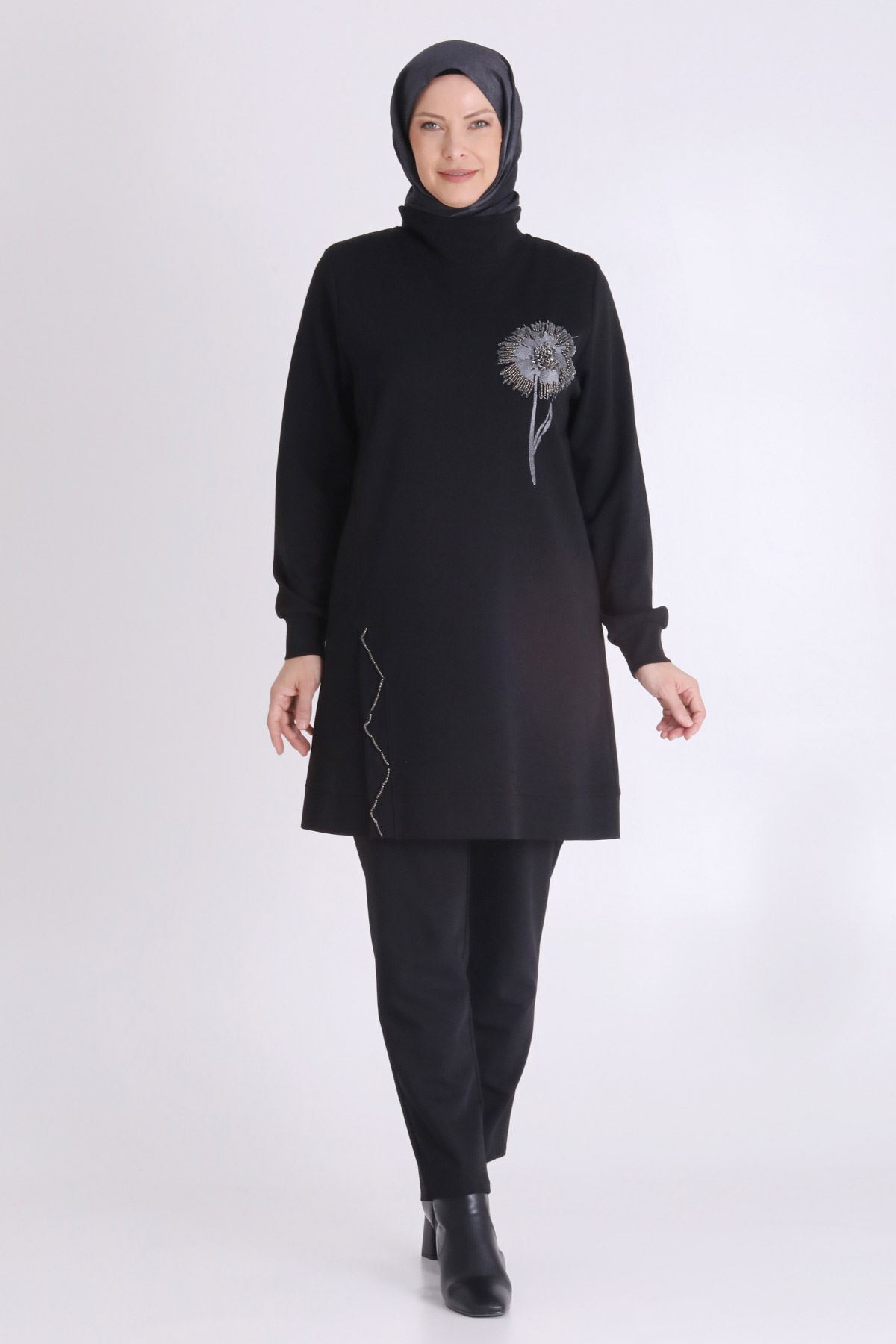 işlemeli tunik pamuklu kumaş siyah - 5XL