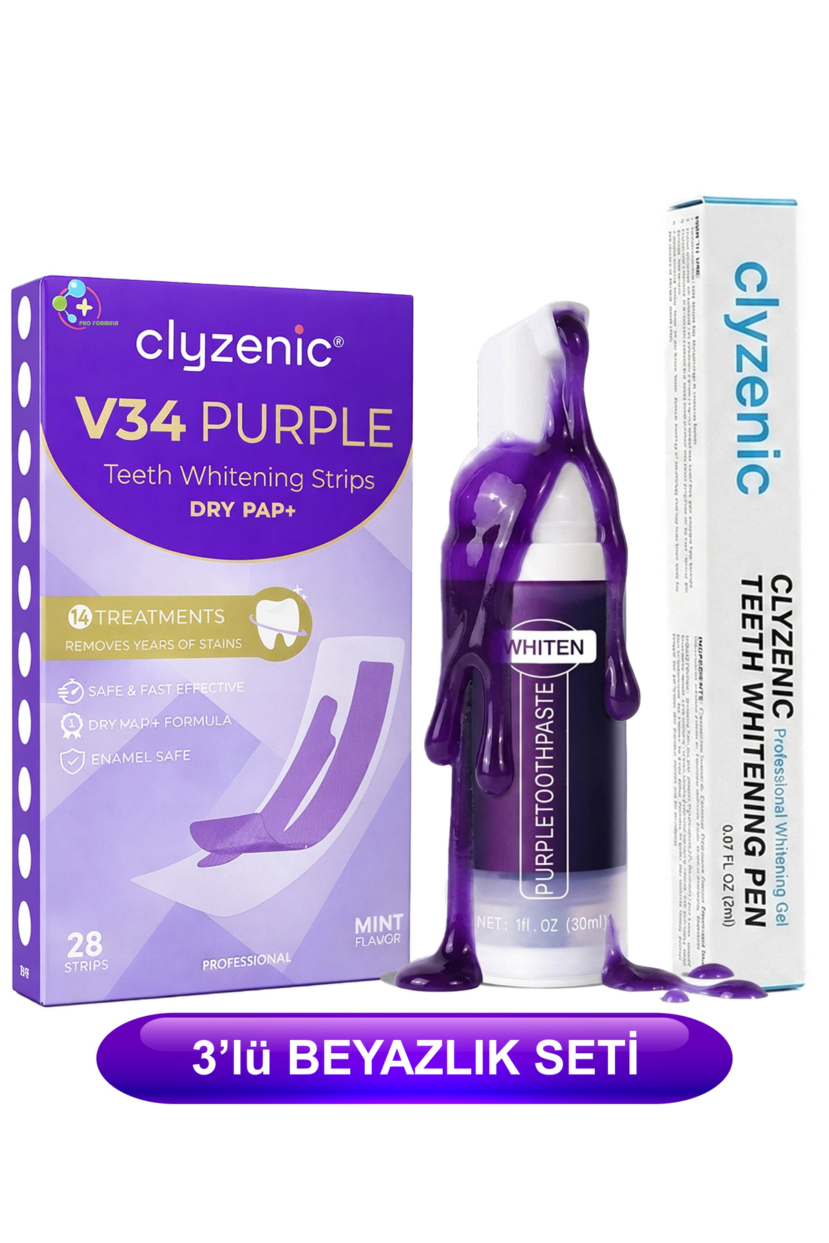 clyzenic 3lü Purple Diş Beyazlatıcı Seti + Diş Bandı + Mor Diş Macunu + Beyazlatma Kalemi (Avantaj Paketi) - Fiyatı, Yorumları