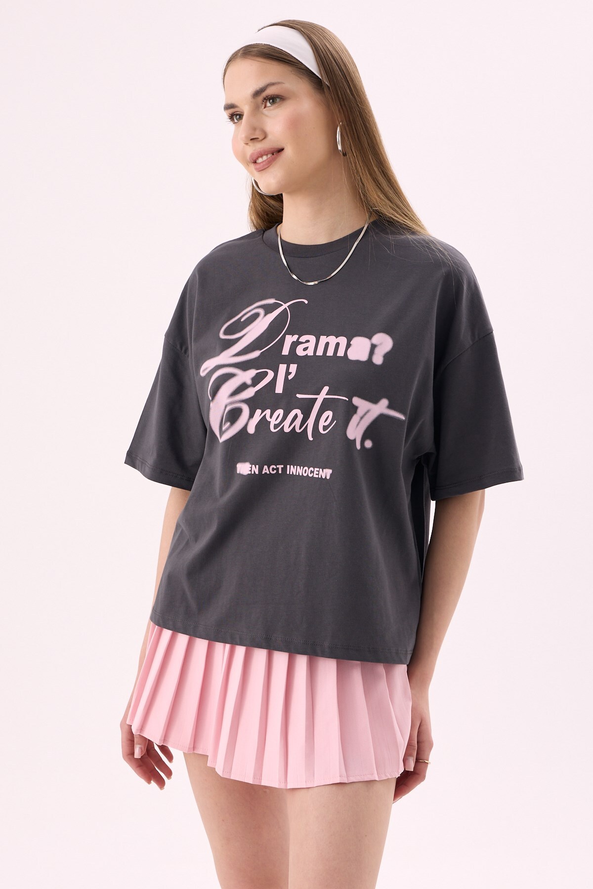 CrepTekstil  Crep Kadın Dream I Create Yazı Baskılı Bisiklet Yaka Kısa Kollu T-Shirt – Oversize Fit %100 Pamuk An - Görsel 6
