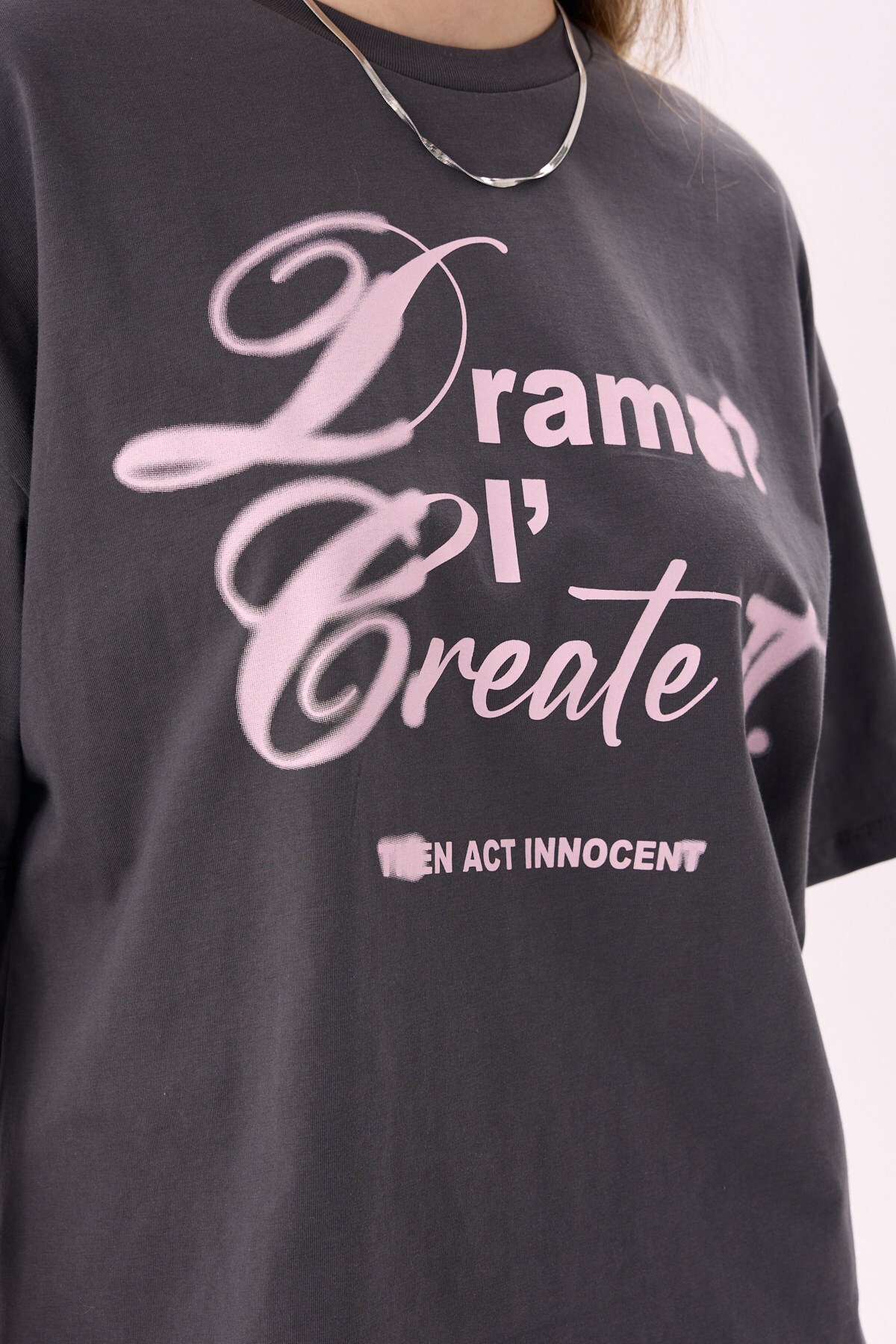 CrepTekstil  Crep Kadın Dream I Create Yazı Baskılı Bisiklet Yaka Kısa Kollu T-Shirt – Oversize Fit %100 Pamuk An - Görsel 5