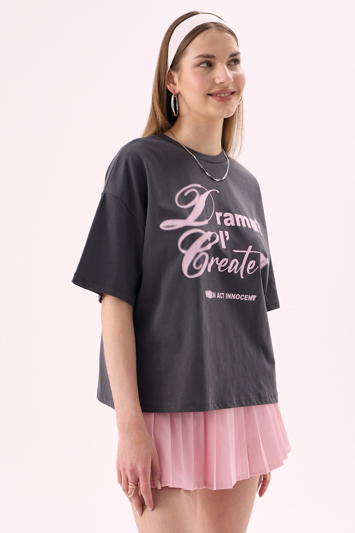 CrepTekstil  Crep Kadın Dream I Create Yazı Baskılı Bisiklet Yaka Kısa Kollu T-Shirt – Oversize Fit %100 Pamuk An - Görsel 2