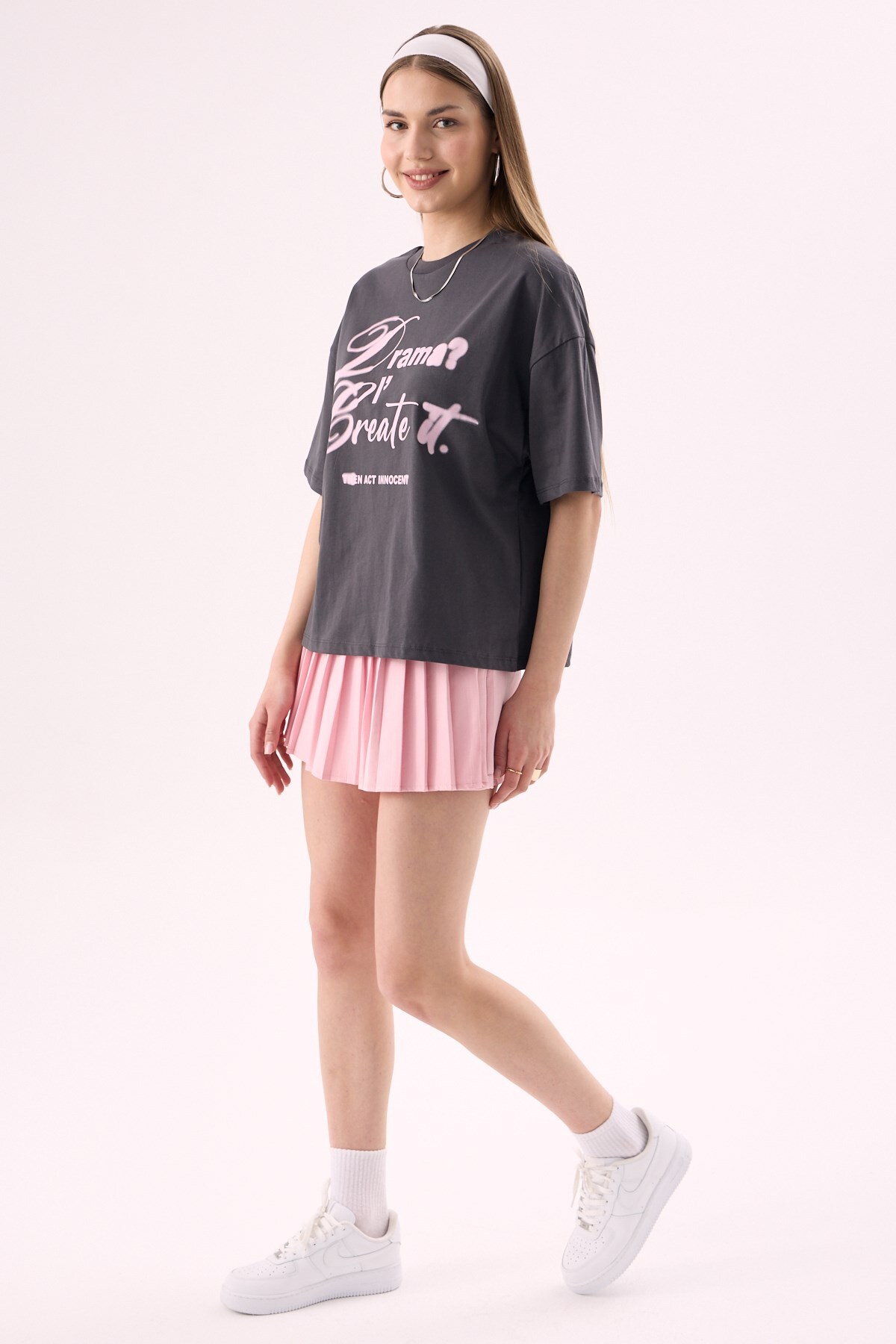 CrepTekstil  Crep Kadın Dream I Create Yazı Baskılı Bisiklet Yaka Kısa Kollu T-Shirt – Oversize Fit %100 Pamuk An - Görsel 4