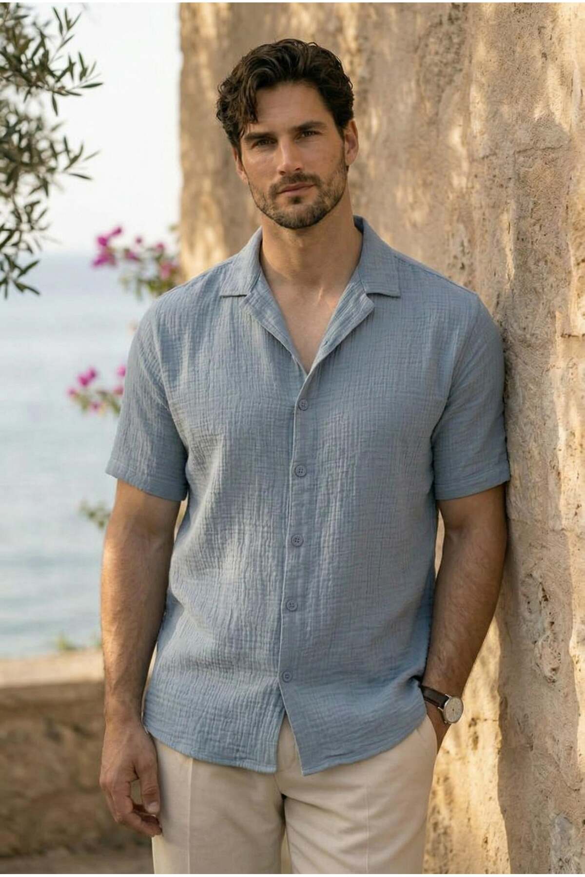 Half Oversized Apache Collar Short Sleeve Muslin Fabric Men's Shirt - Cold Blue