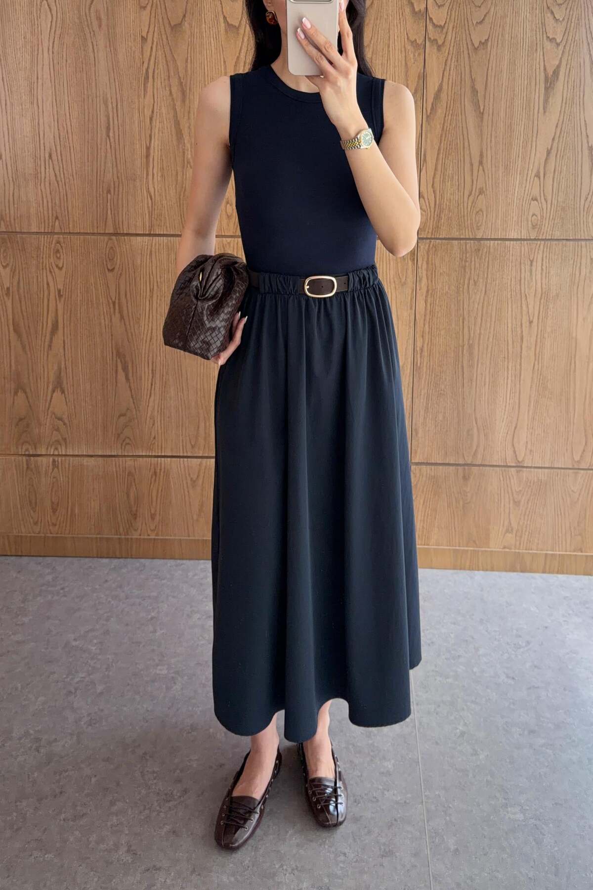 HAZELANNA  Kemer Detaylı Lacivert Elbise - Görsel 6