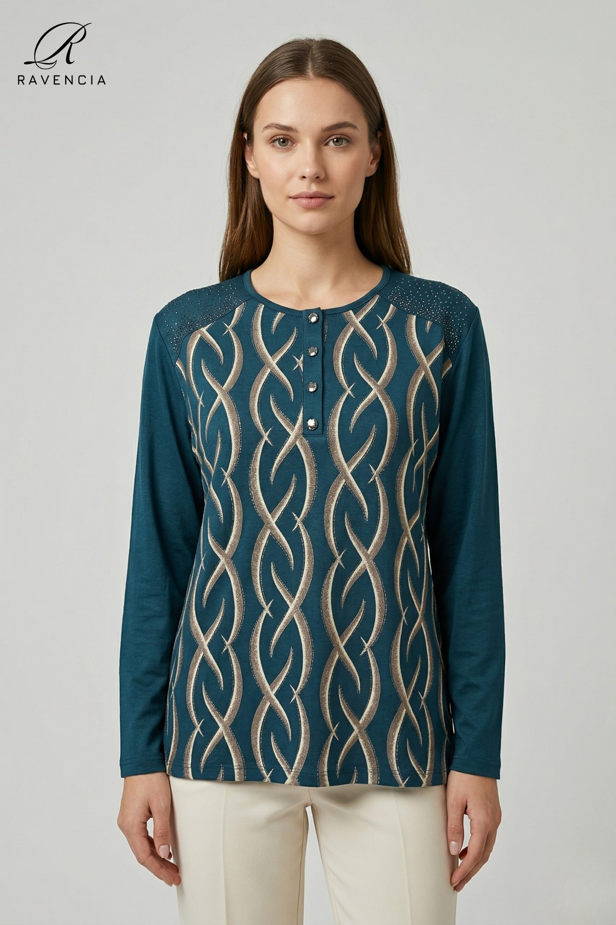 Ravencia Women's Stripe Patterned Printed Lycra Blouse with Stones