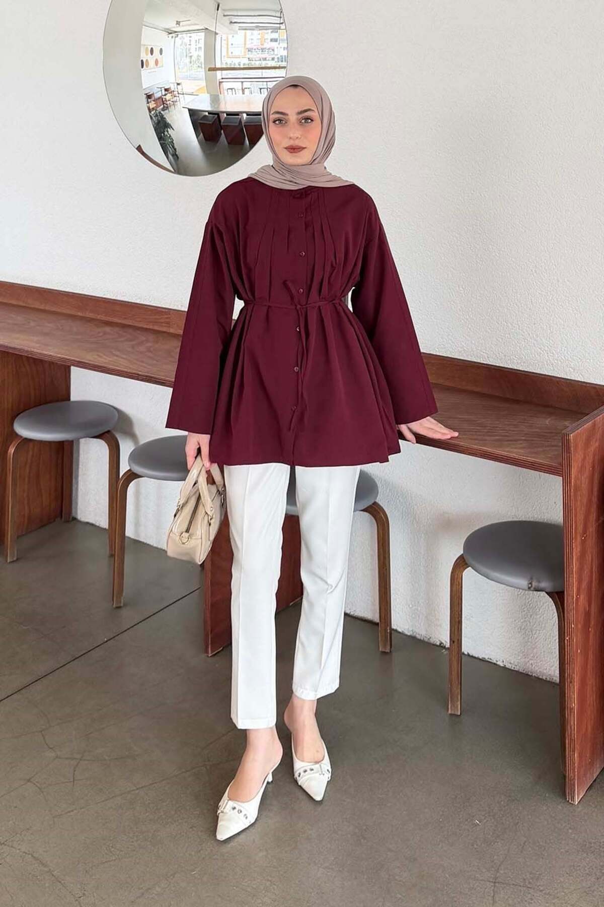 Lamelif Piliseli Wide Sleeve Shirt Burgundy