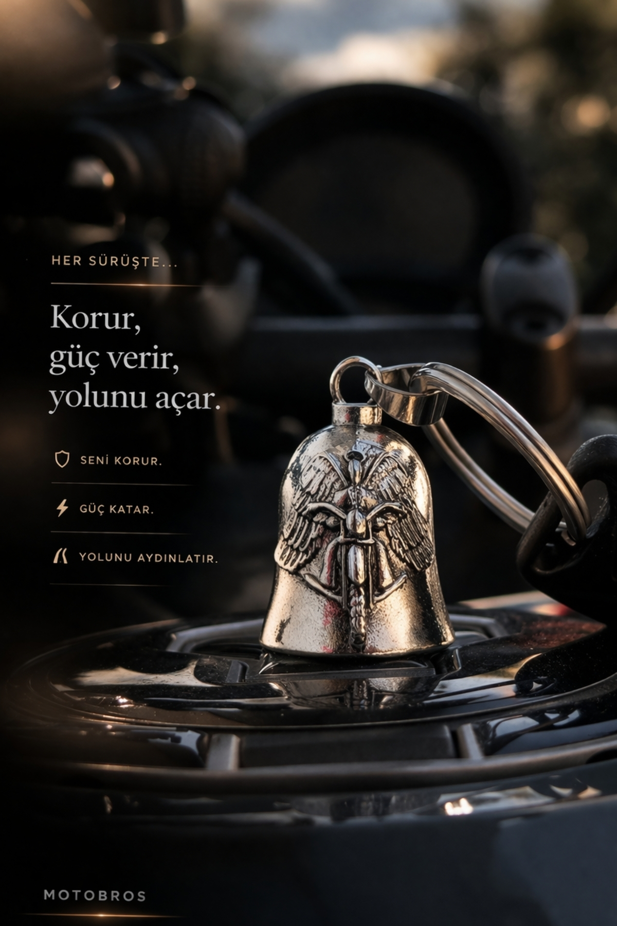 Motobros Motosiklet Aksesuar Kanat Figürlü Guardian Bell Gümüş Kaplamalı Motorcu Anahtarlık-Şans ve Koruma Çanı Uğur Tılsımı