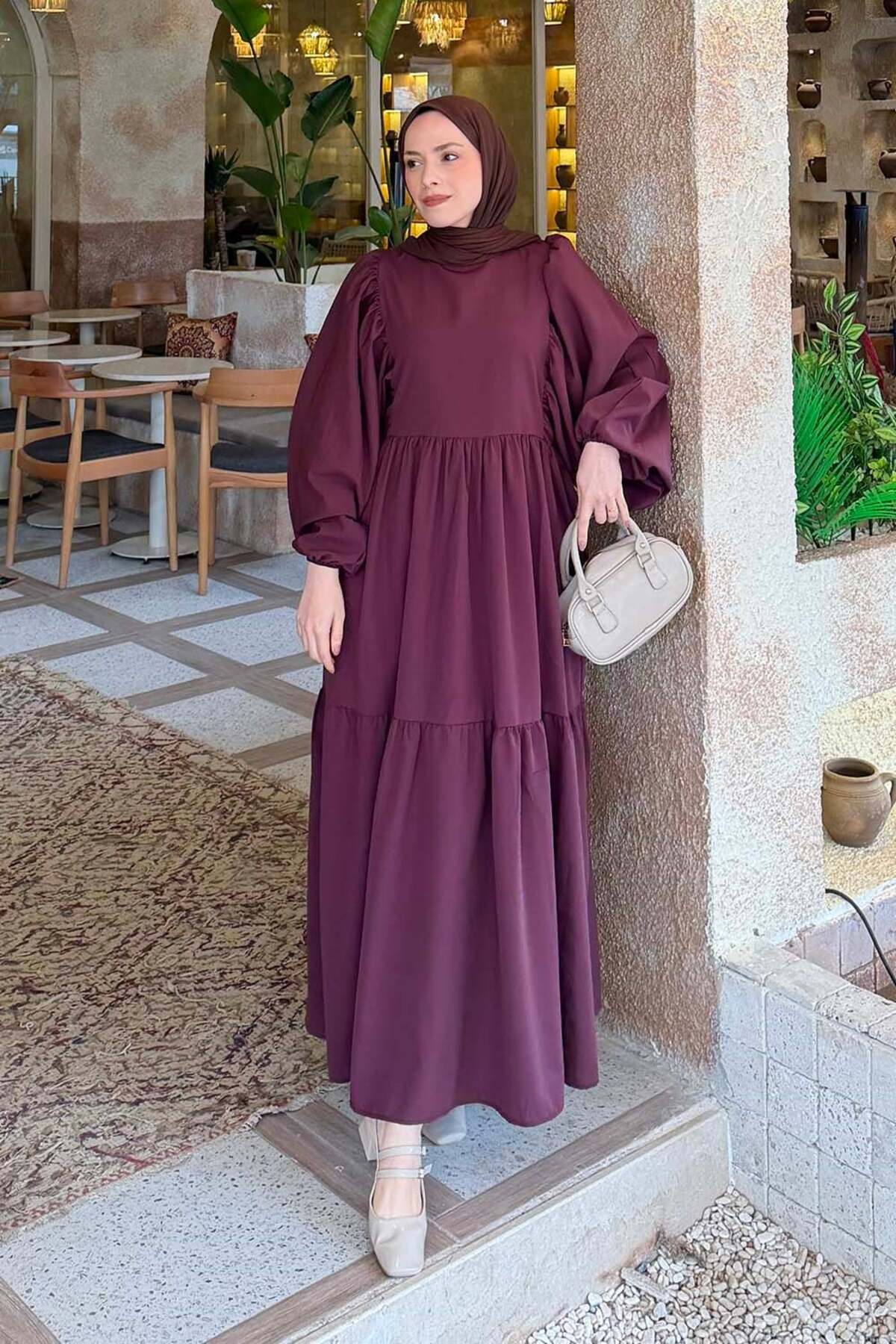 Lamelif Balloon Sleeve Layered Summer Dress Plum- Trendyol