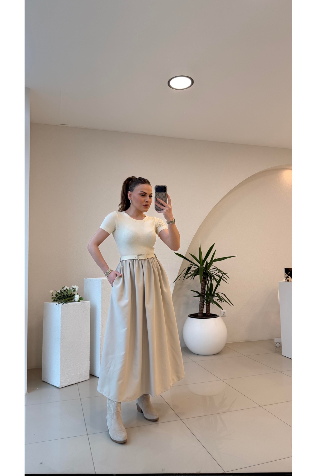 STA  KENDİNDEN KEMERLİ ALT POPLİN KUMAŞ ELBİSE - Görsel 2