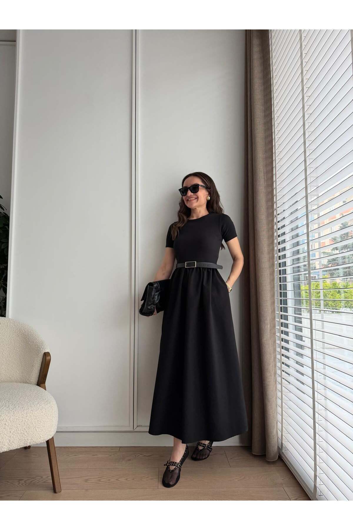 STA  KENDİNDEN KEMERLİ ALT POPLİN KUMAŞ ELBİSE