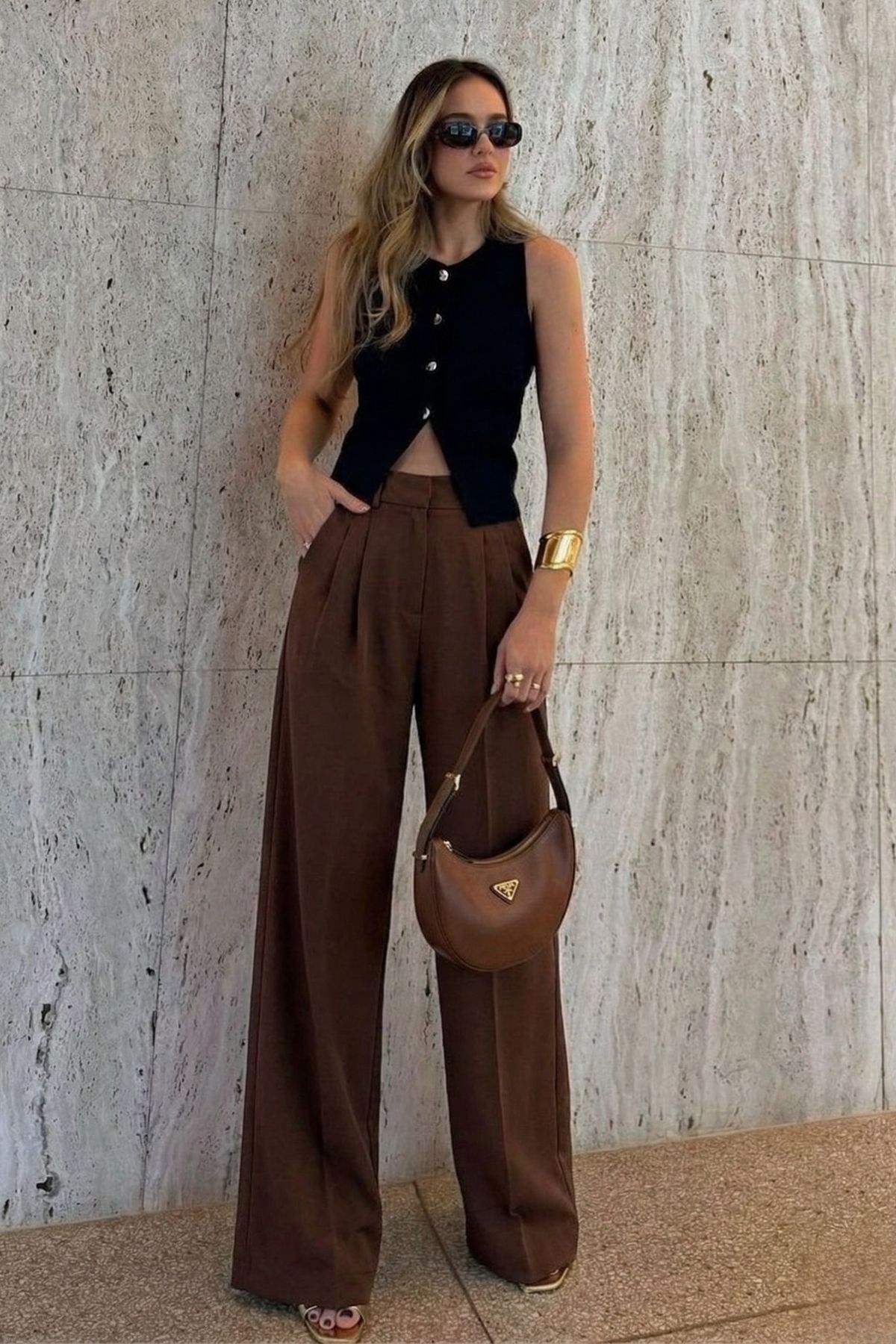 Women's Pants High Waist Pleated Wide Leg Plazzo Women's Brown Pants