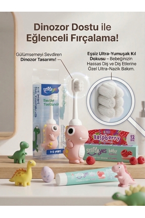 Smile yes Smileyes Bebek Diş Macunu 0-3 Yaş Ahududu + DinaSaur Diş Fırçası 1-...