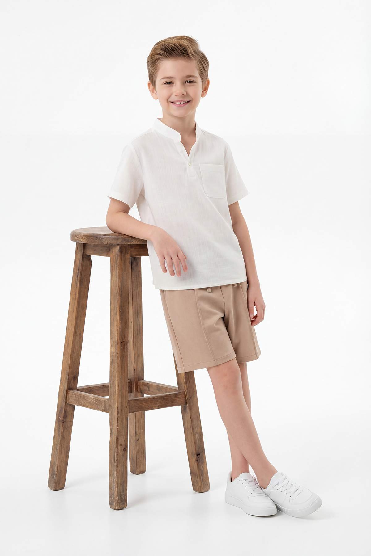 TRENDYOLKIDS Camel Boy's Linen Look Flat Woven Bottom - Top Set Tkdss26Au00059