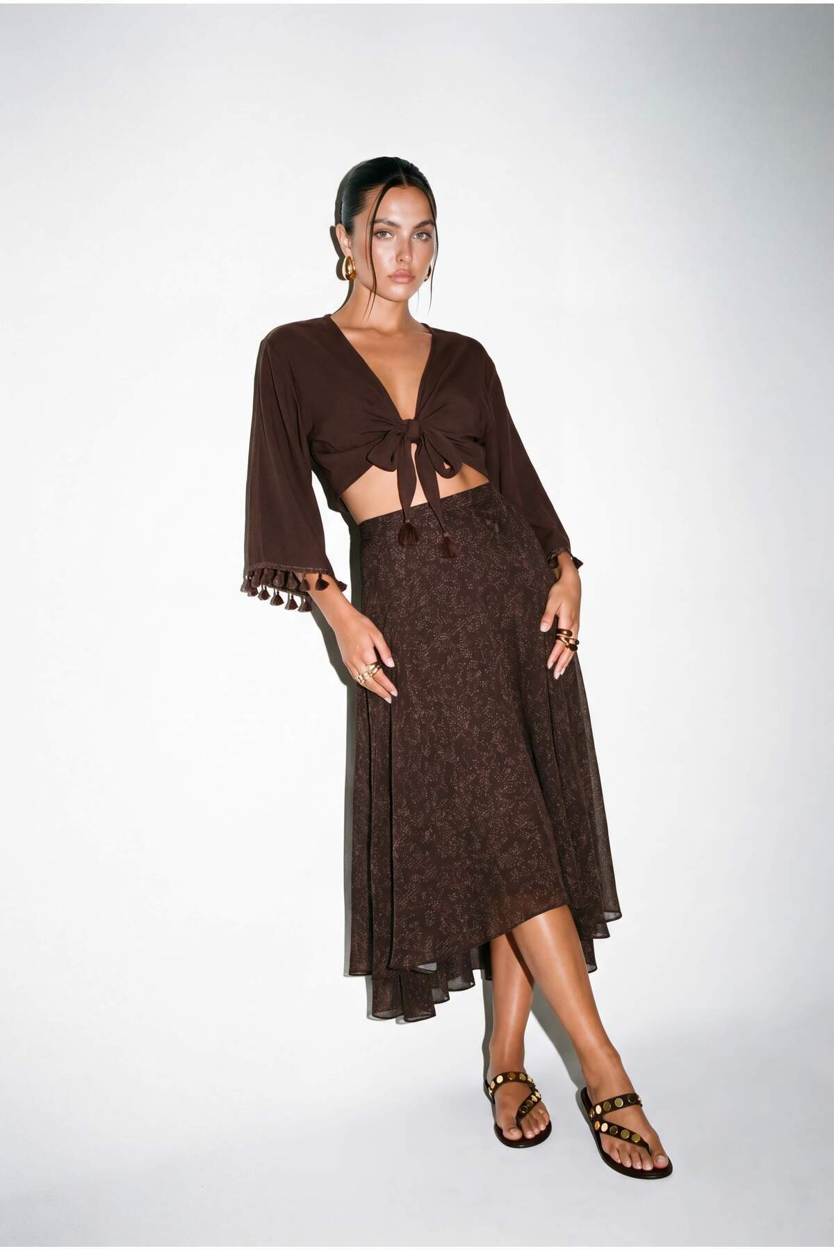 Trendyolmilla  Kahverengi Kemerli Katlı Uzun Şifon Etek TDRSS26ET00018