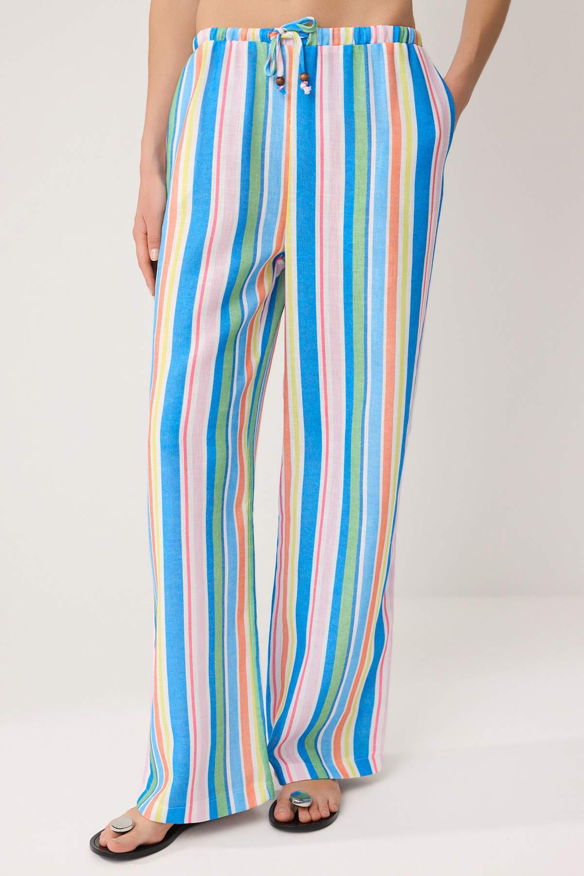 Trendyolmilla  Çok Renkli Beli Lastikli Renkli Çizgili Wide Leg/Geniş Paça Pantolon TWOSS26PL00154 - Görsel 3