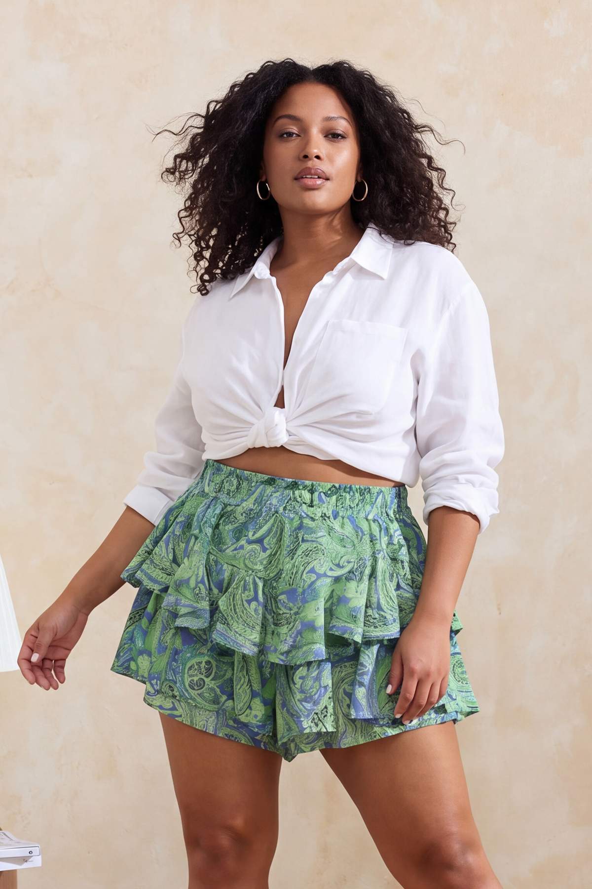 Trendyolmilla  Yeşil Şal Desenli Mini Dokuma Büyük Beden Şort TBBSS26AP00003