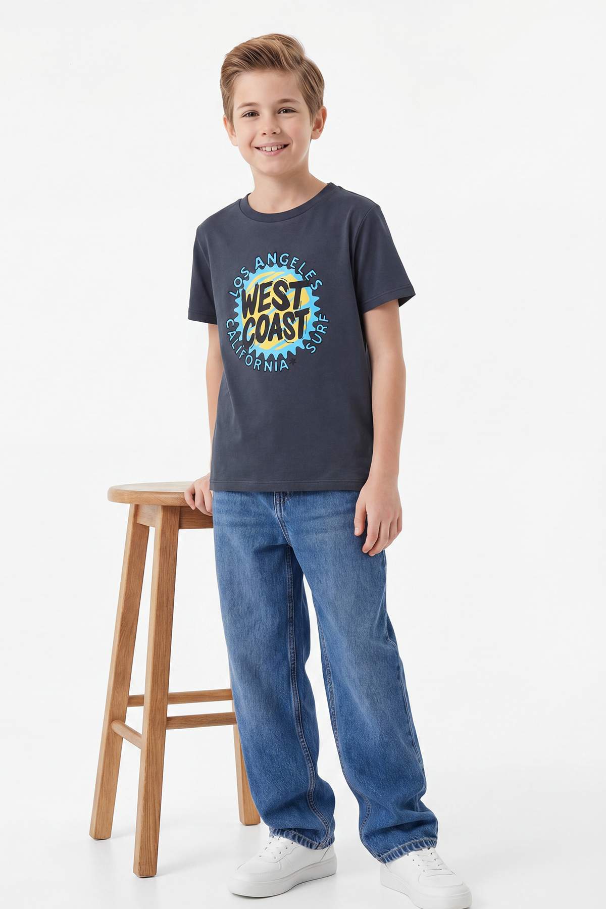 Trendyolmilla Kids Antrasit-Mavi Slogan Örme T-Shirt TKDSS25TS00016