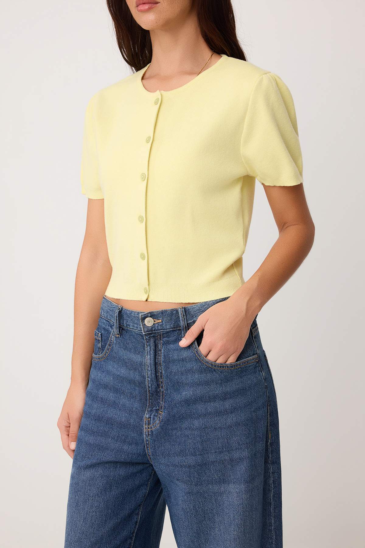 Trendyolmilla  Sarı Basic Yumuşak Straplez Bluz- Bisiklet Yaka Hırka Takım Triko Hırka TWOSS26HI00010 - Görsel 3