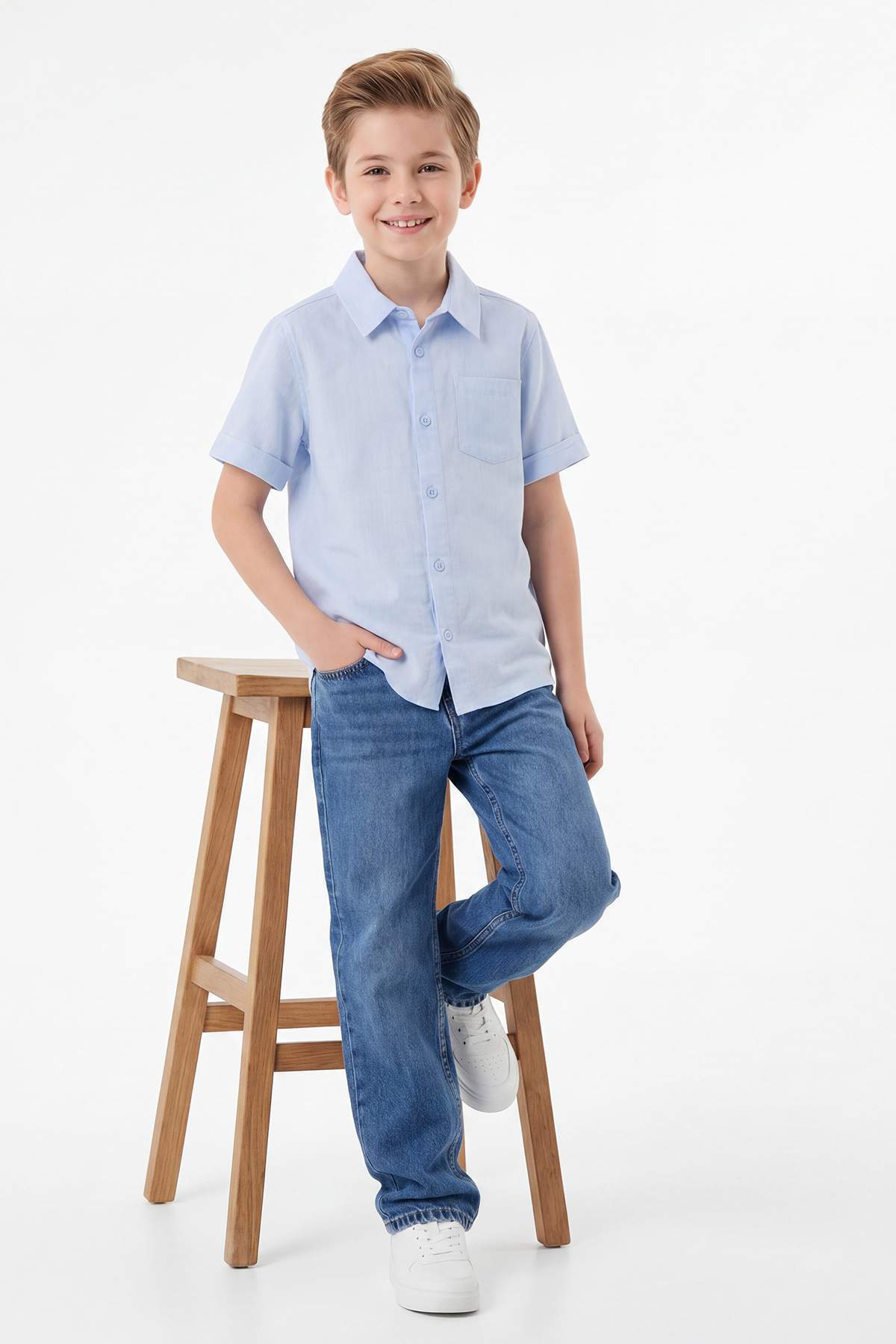 Trendyolmilla Kids Bebe Mavisi Erkek Çocuk %100 Pamuk Basic Kısa Kol Gömlek TKDSS25GO00006