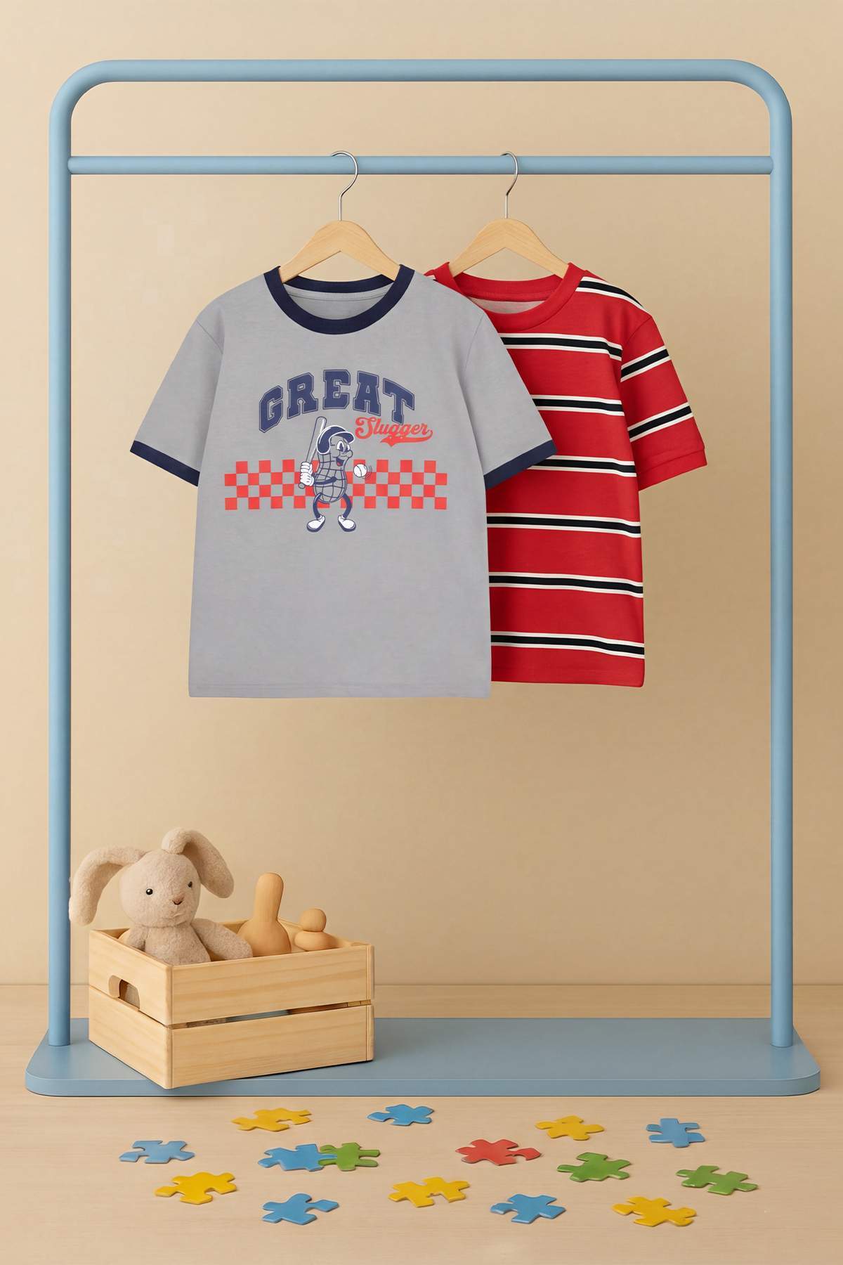 Trendyolmilla Kids Gri-Bordo 2'li Baskılı Örme T-Shirt TKDSS26TS00041