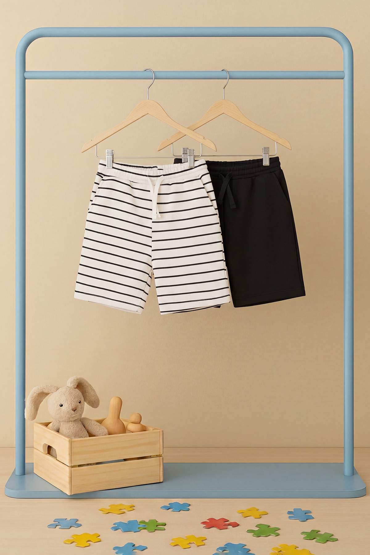 Trendyolmilla Kids Ekru-Siyah Çizgili İkili Örme Şort & Bermuda TKDSS26SR00020