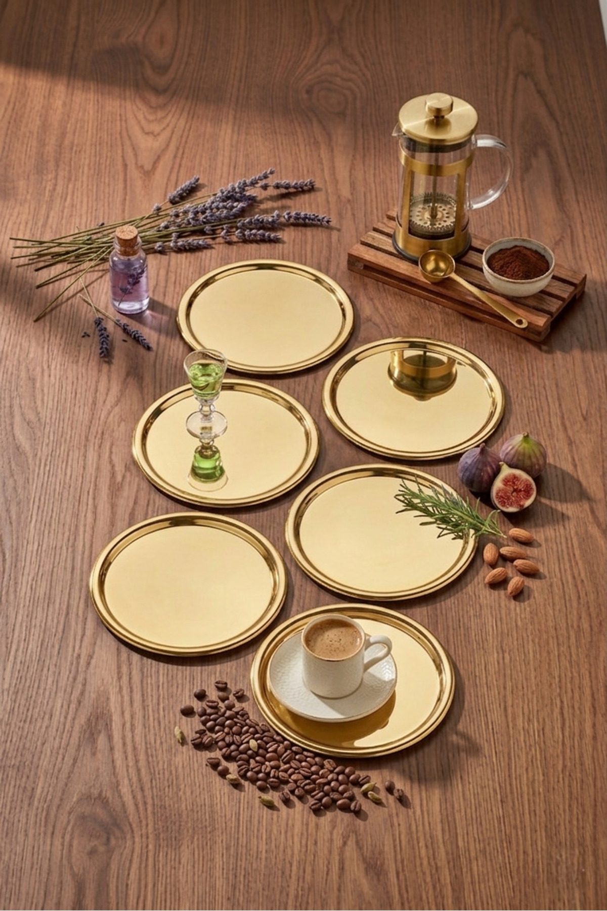6-Piece Gold Stainless Steel 20 cm Round Tea, Coffee, Cake Serving Tray Decorative Serving Tray