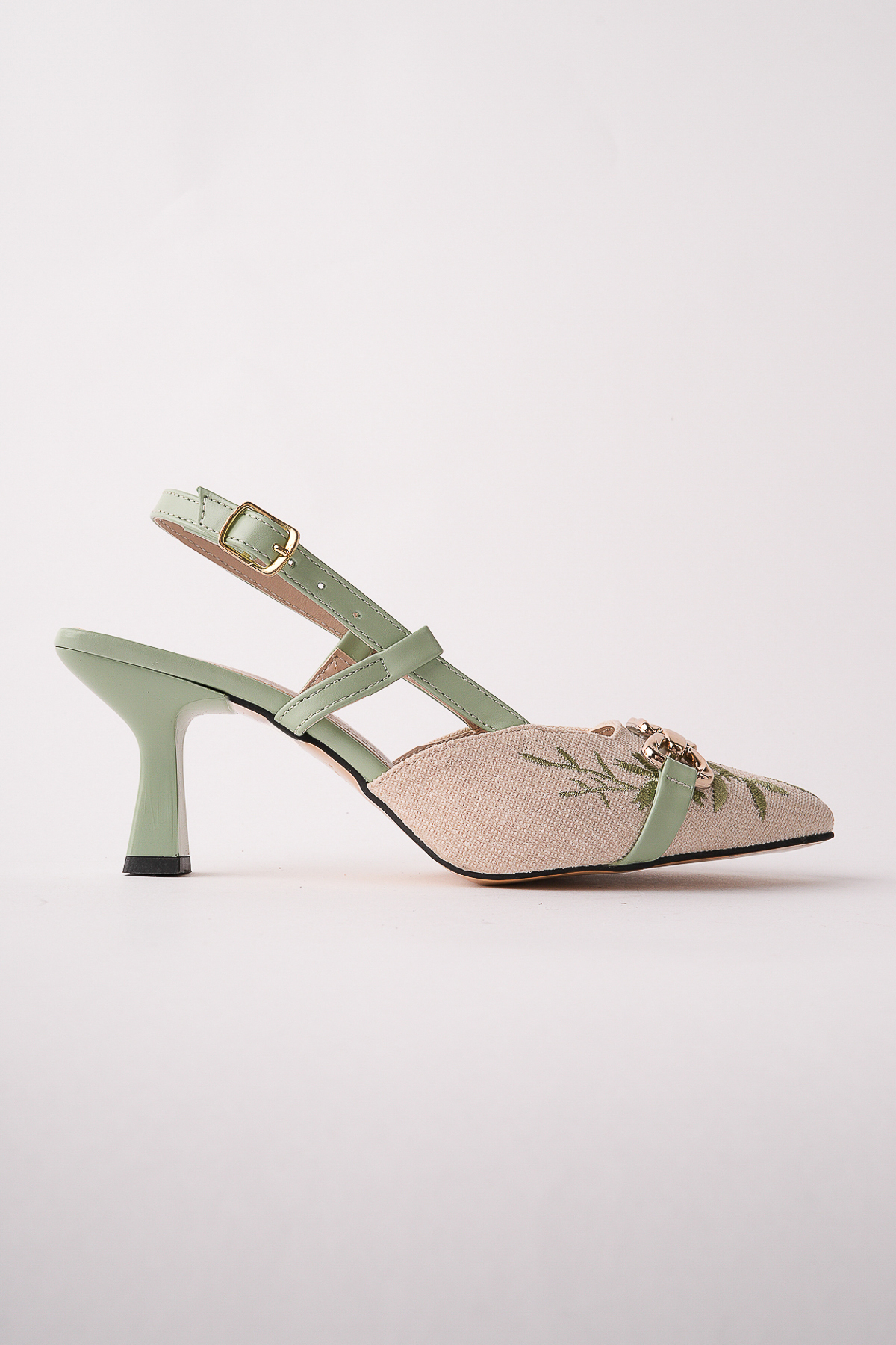 Moda Hanım  Altın Aksesuar Nakış İşlemeli Yeşil Keten Günlük Arkası Açık Kadın Topuklu Ayakkabı - Görsel 2