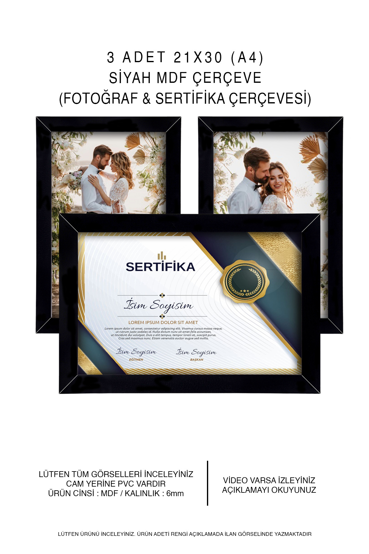 3 Pcs A4 Frame - Black Frame - MDF 21x30 Frame - Photo & Certificate Frame