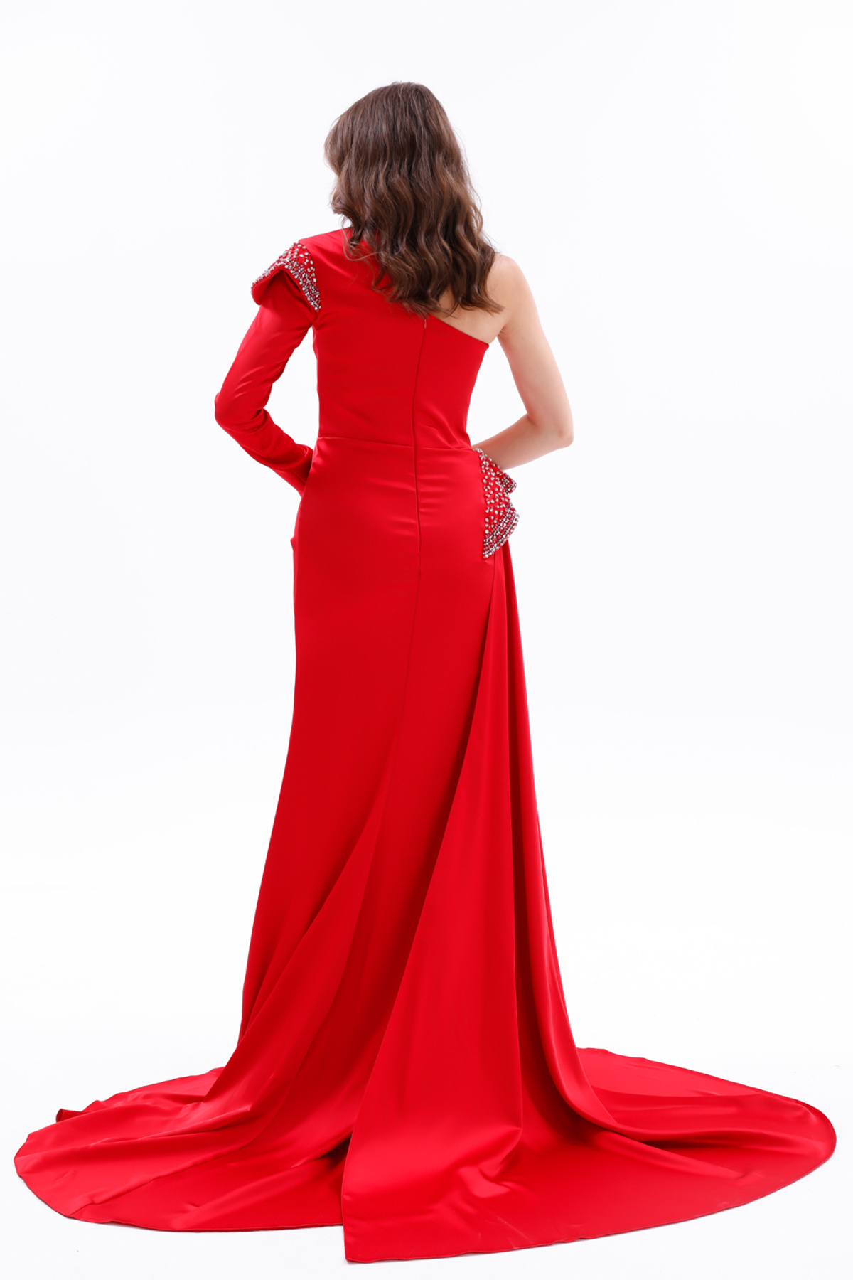 BDM Exclusive Tek Omuz Taş İşlemeli Choker Detaylı Yırtmaçlı Uzun Saten Abiye Elbise görsel 8
