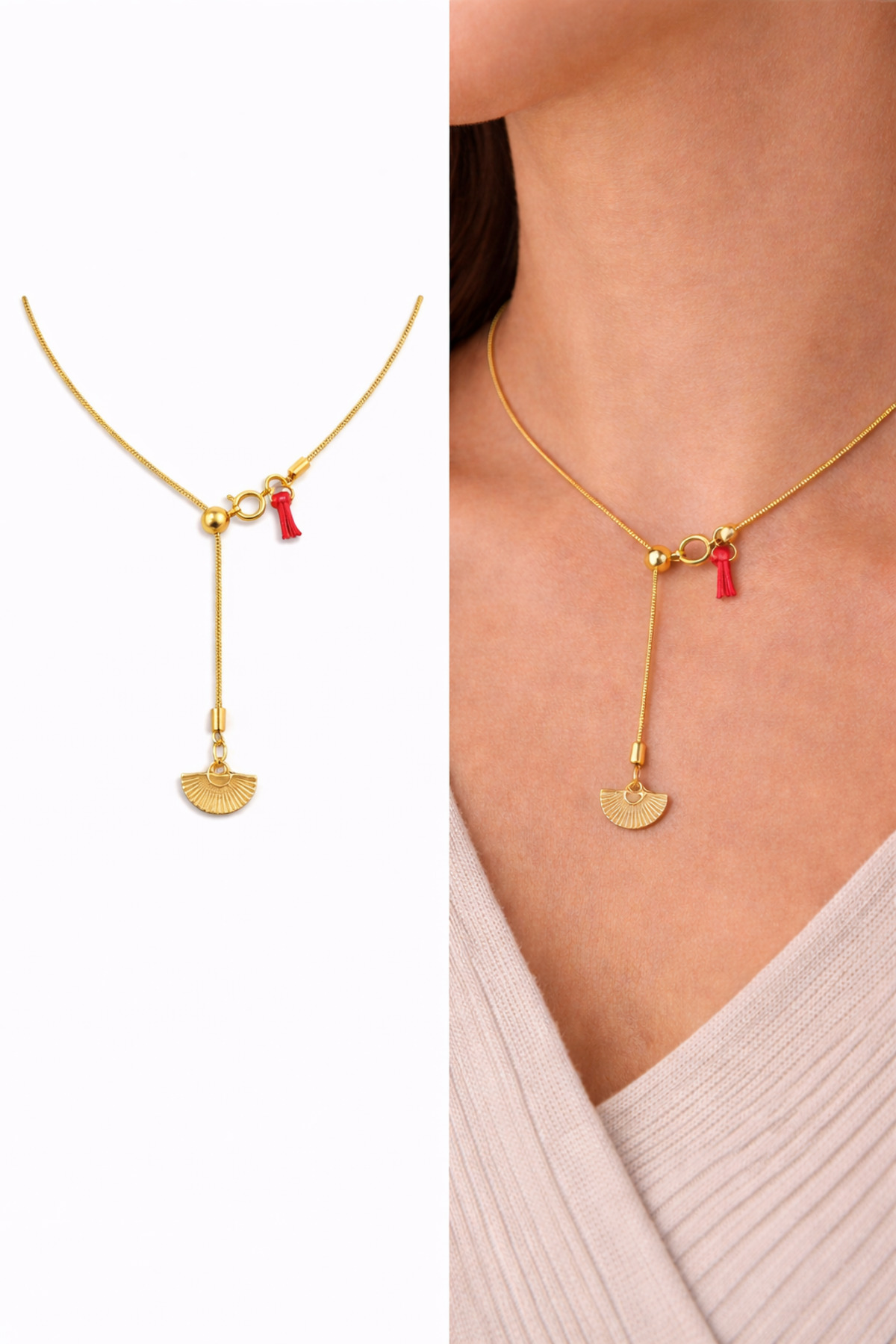 Yelpaze ve Kurdela Charm Altın Kaplama Gold Çelik Asansör Kadın Kolye (45 cm) – Sevgililer Günü Özel